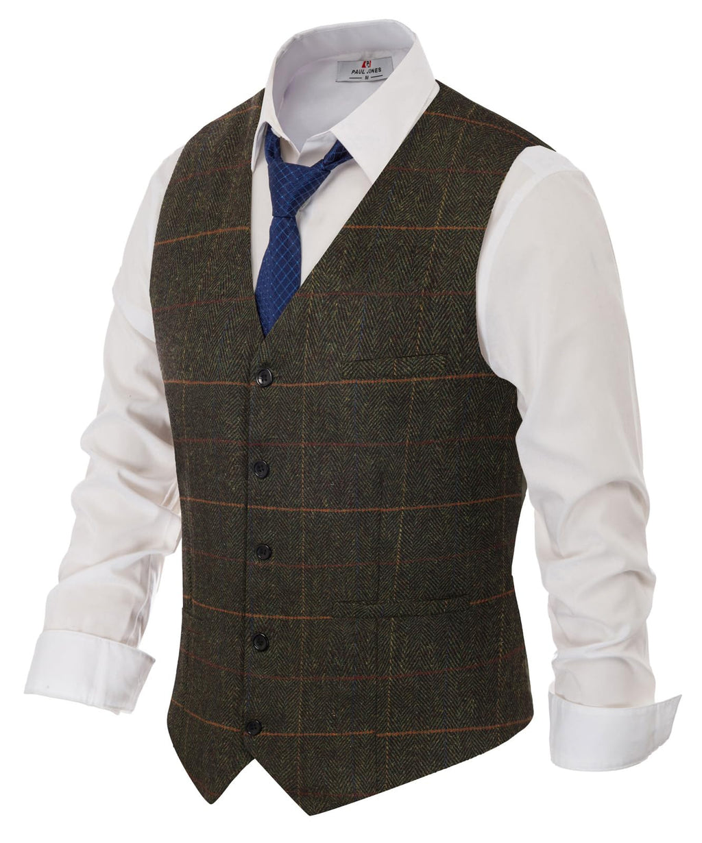 PJ PAUL JONES Men's Herringbone Tweed Suit Vest Casual Wool Blend Waistcoat