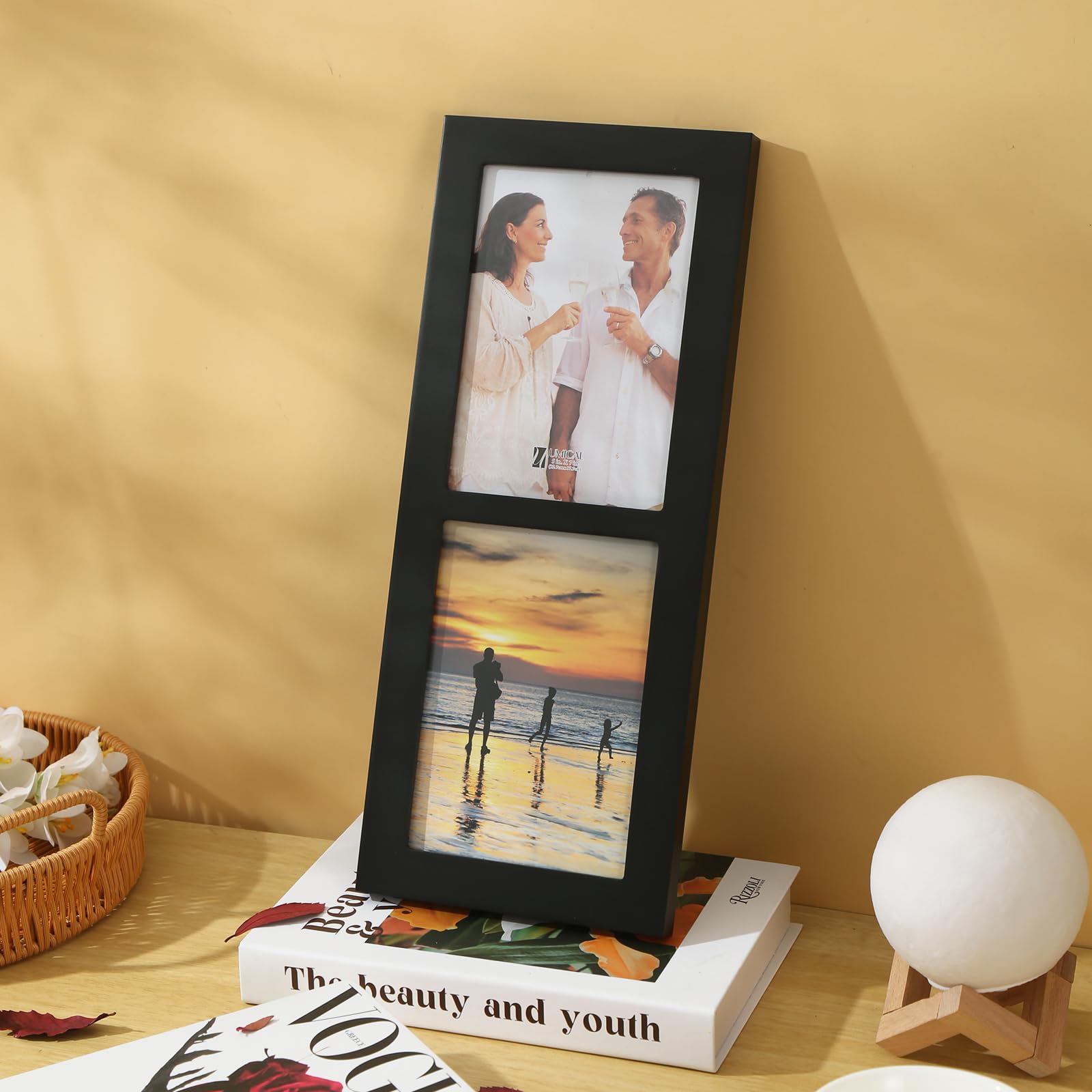 4x6 2-Opening Collage Frame Black Wood | Two 4x6 openings, shatter-resistant glass, tabletop & wall mount