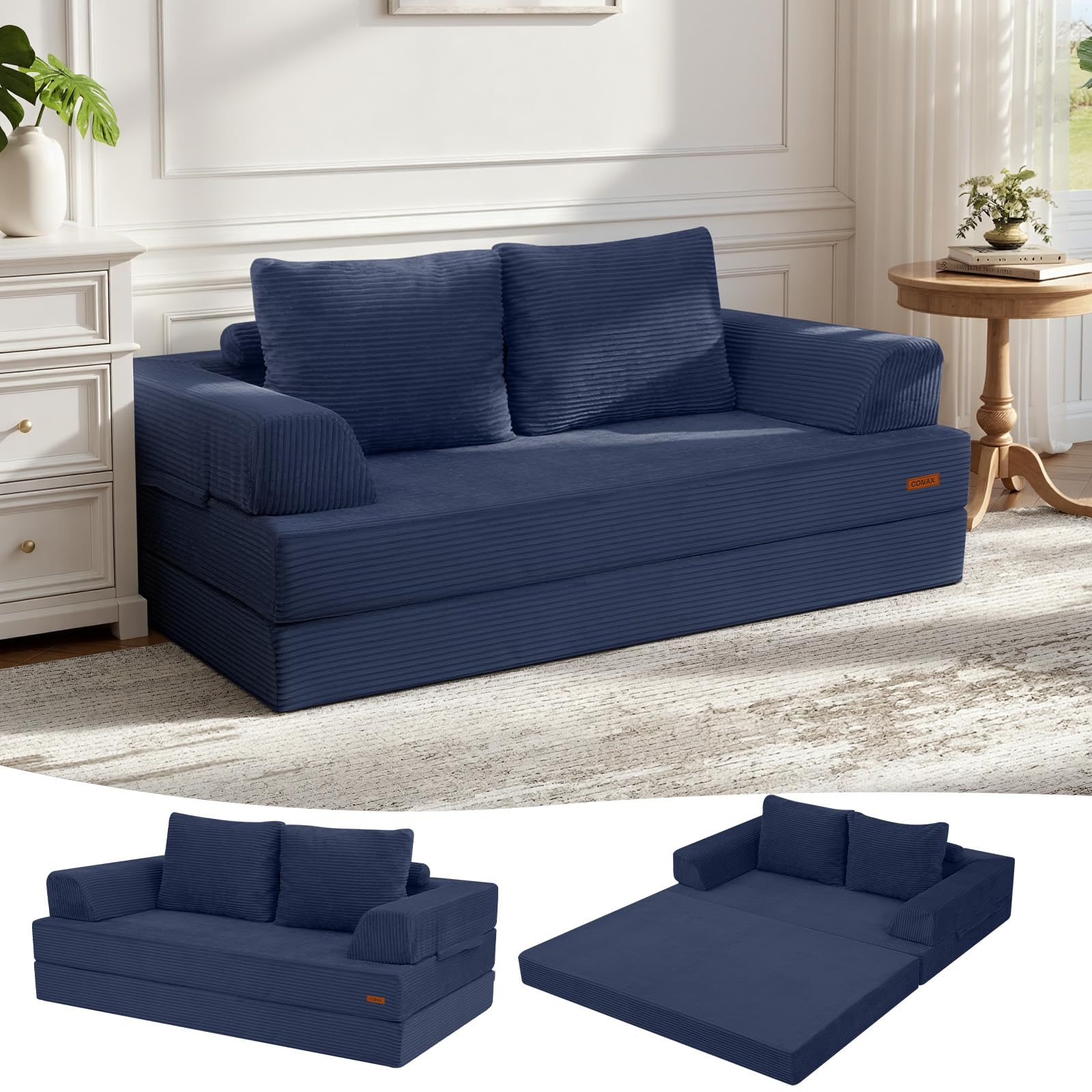 COMAX Futon Sofa Bed, 4‑in‑1 Convertible Sofa Bed, Folding Boneless Couches | Boneless Couch for living room, Fold Out Small Foldable Loveseat Floor Sleeper Mattress Lounge Space‑Saving, Ash Gray