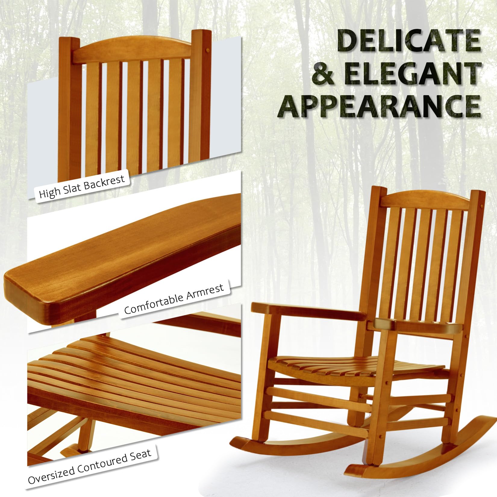 Hupmad Wooden Rocking Chair Outdoor Oversized Porch Rocker Chair,Patio Wooden Rocker with High Back and Armrest,All Weather Rocker Slatted for Backyard,Garden,400 lbs Support,Black