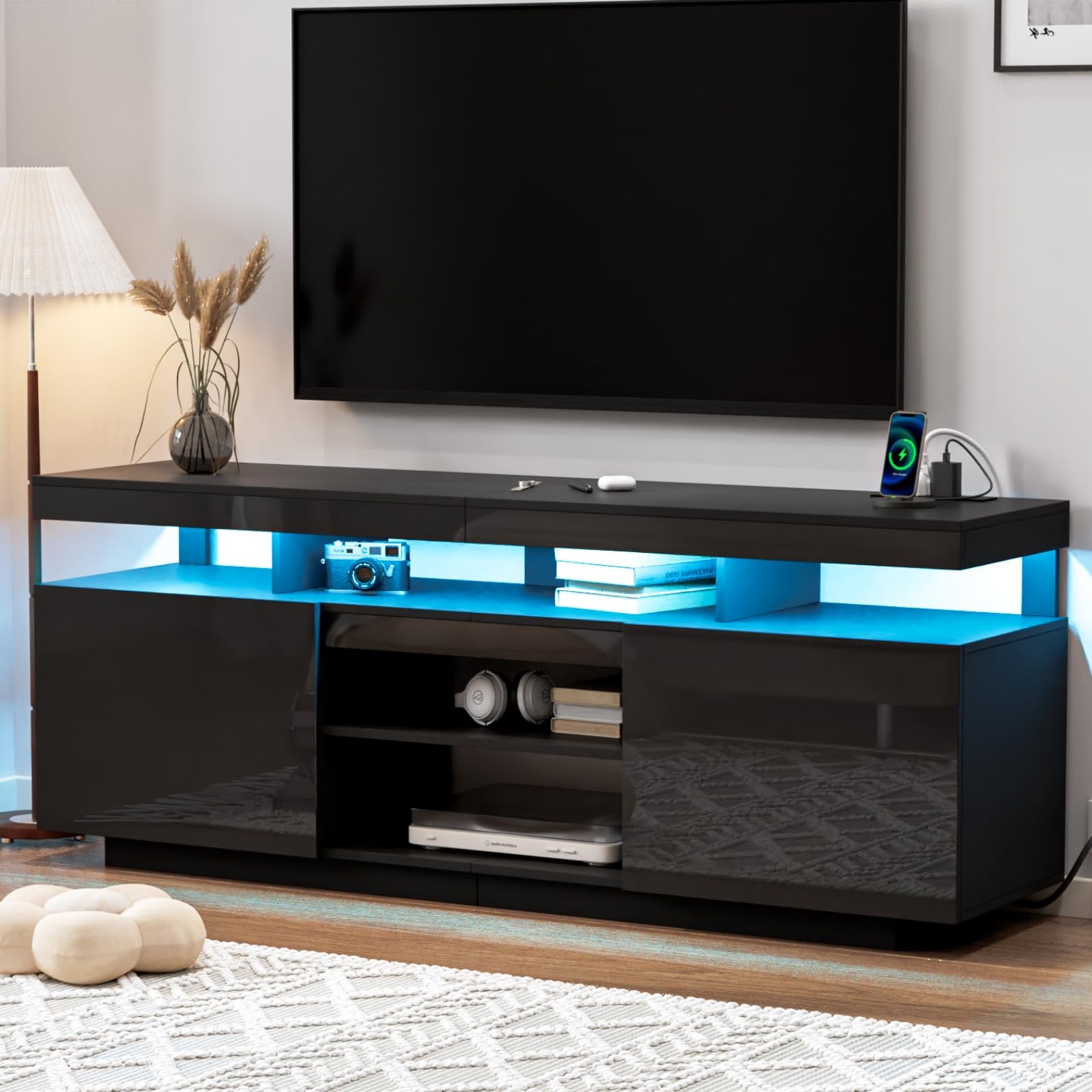 HOMMPA Modern LED TV Stand for 55 Inch TV, Black Tall TV Console with Power Outlet, Entertainment Center with Storage, High Gloss Gaming Media Console Cabinet for Living Room (47 Inch)