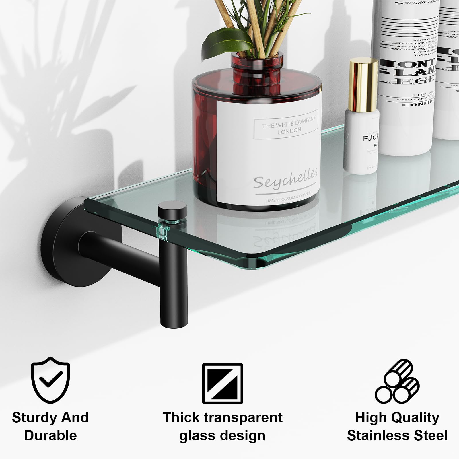 Glass Bathroom Shelves,Brushed Gold Floating Shelves for Wall Rectangular Modern Stainless Steel Glass Shelf for Bathroom Shelves wall Mounted 16 Inch