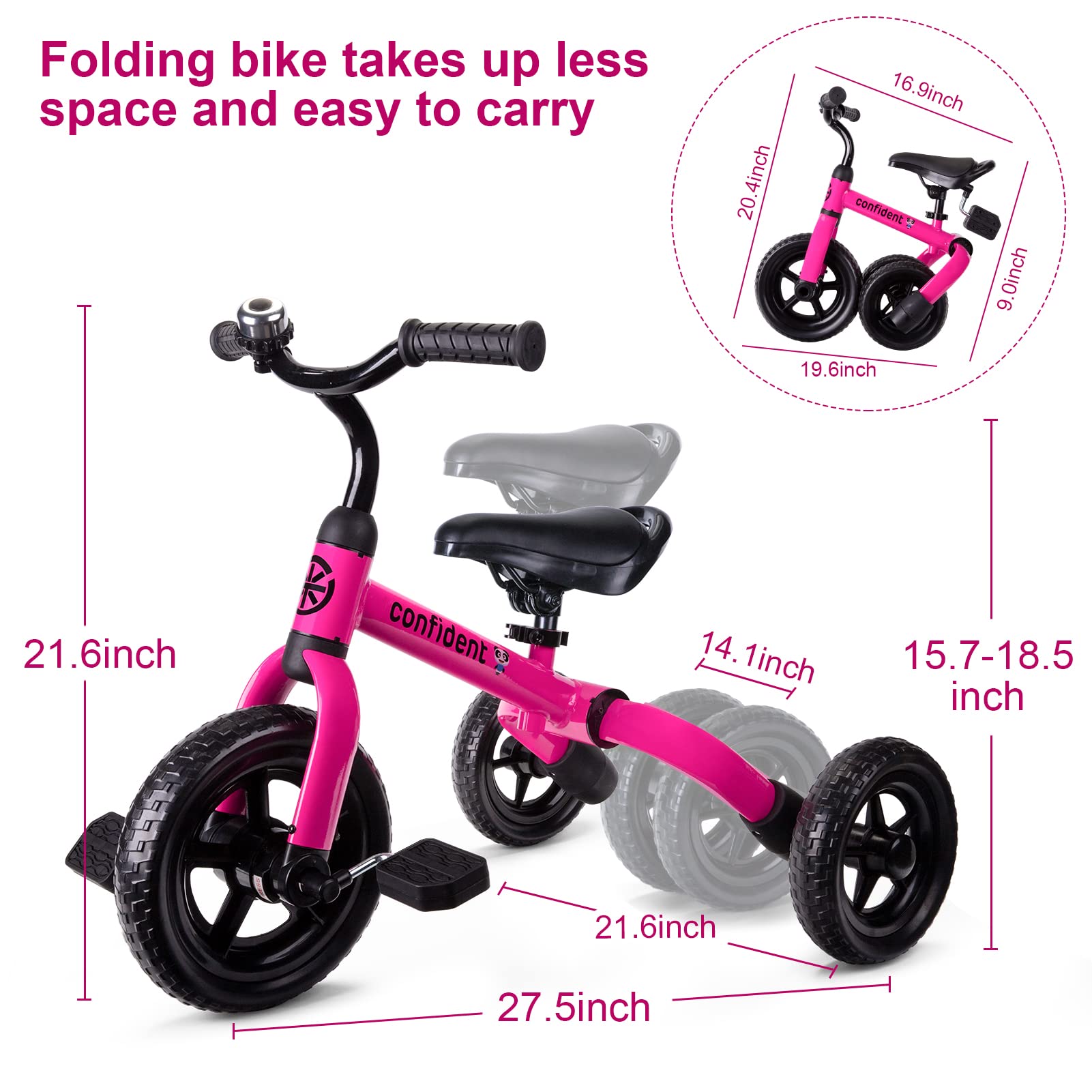 XPIY Tricycle for Toddlers Age 2-5 Years Old, 3 in 1 Folding Toddler Bike for Boys and Girls, Kids' Bike Trike with Detachable Pedal and Adjustable Seat (Blue)
