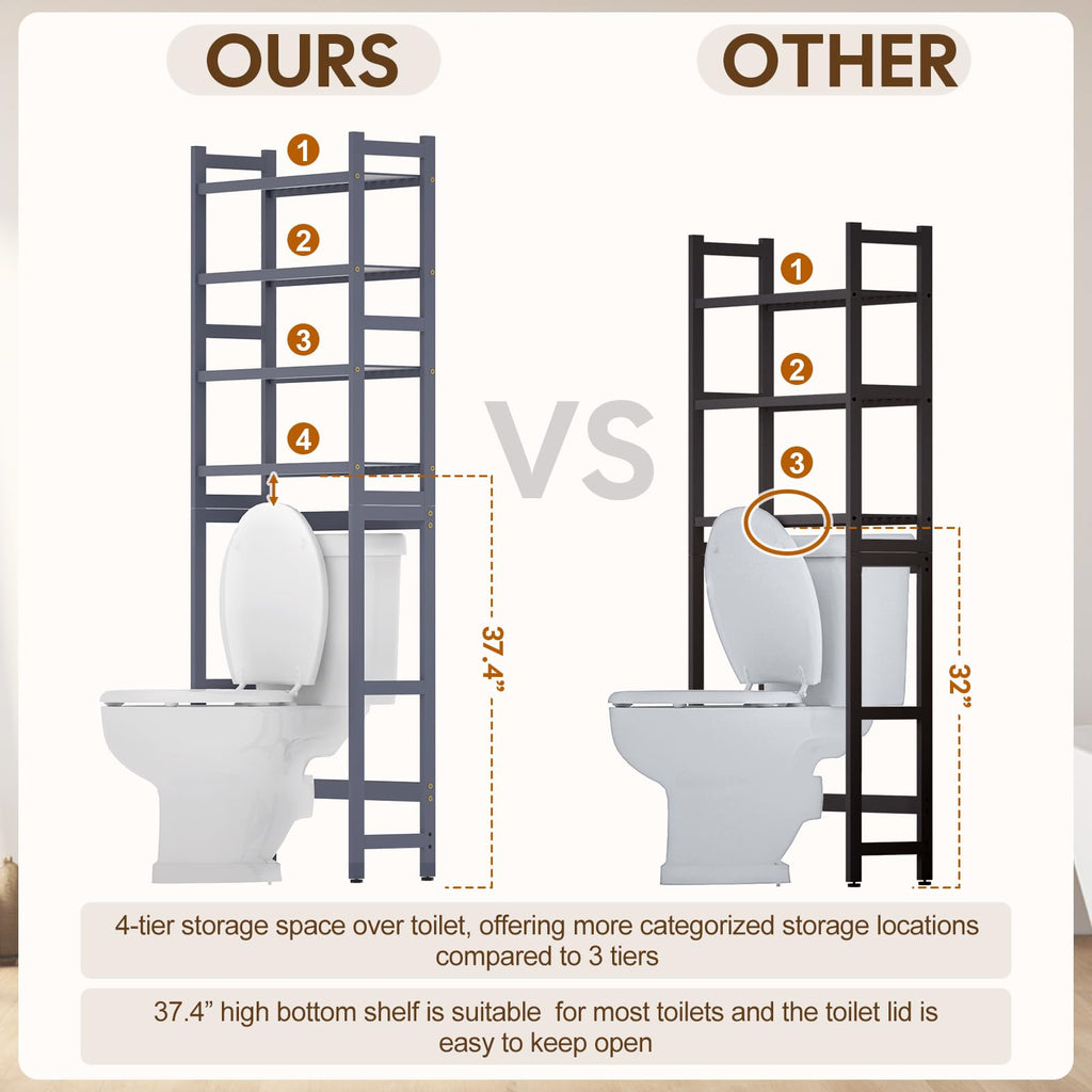 Cozivolife Over The Toilet Storage: 4-Tier Bamboo Organizer Rack with 2 Baskets & Paper Holder & 4 Hooks & Waterproof Feet Pad, Adjustable Freestanding Shelf for Bathroom (Brown)