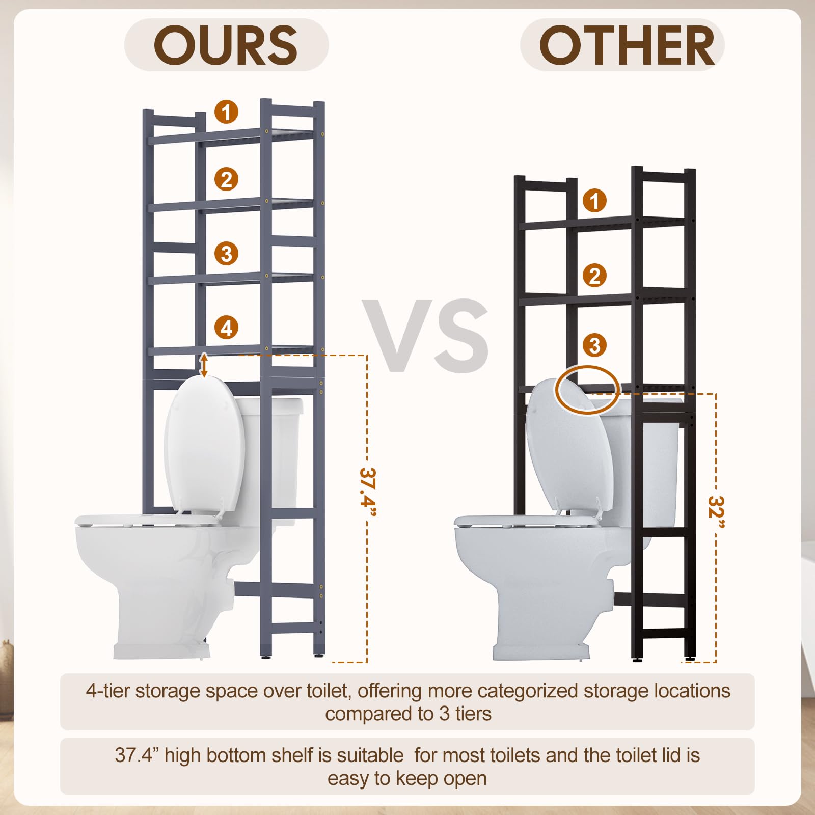 Cozivolife Over The Toilet Storage: 4-Tier Bamboo Organizer Rack with 2 Baskets & Paper Holder & 4 Hooks & Waterproof Feet Pad, Adjustable Freestanding Shelf for Bathroom (Brown)