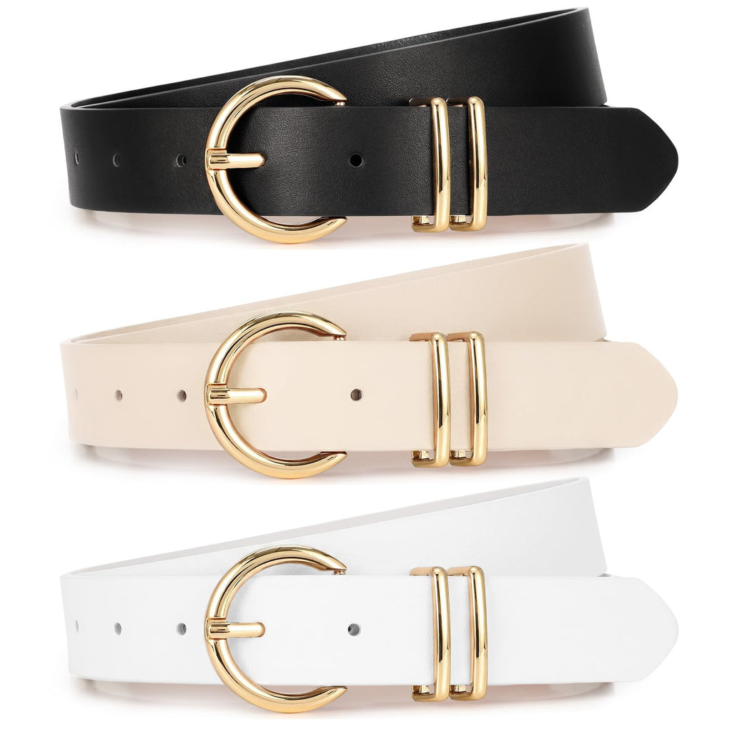 XZQTIVE 3 Pack Women Belts For Jeans Dresses Pants Ladies Leather Waist Belt with Gold Buckle