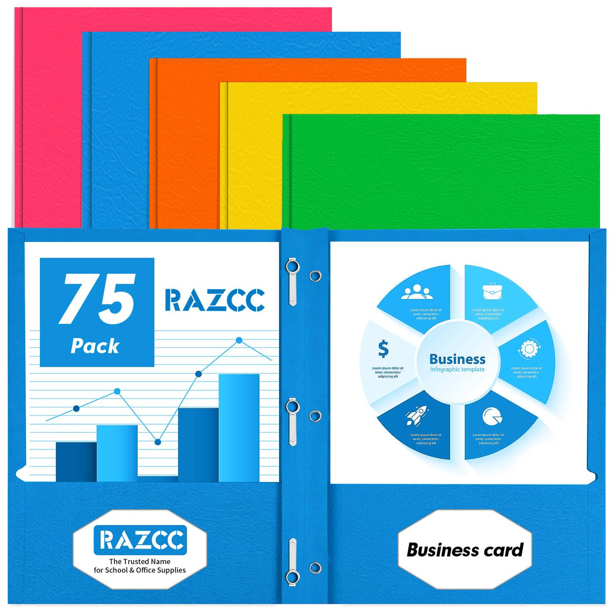 Two Pocket Folders, RAZCC 75 Pack Two Pocket Folders with Prongs, 3 Prong Pocket Folders Letter Size, Paper Folders with Prongs for School Office Home Business, Assorted 5 Colors