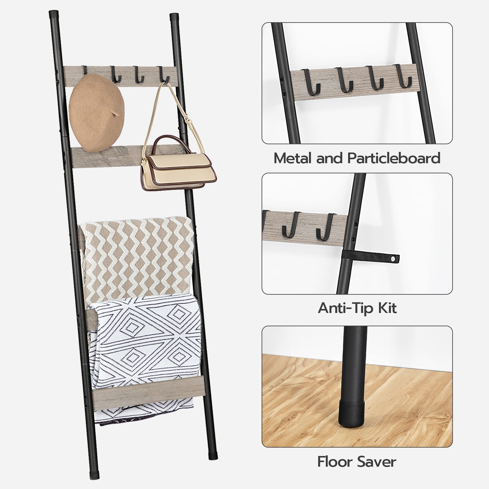 HOOBRO Blanket Ladder, 5-Tier Towel Rack with Hooks, Wall-Leaning Blanket Rack, Decorative Display Ladder Shelf, Scarves, Industrial, Living Room, Bedroom, Black BB52CJ01