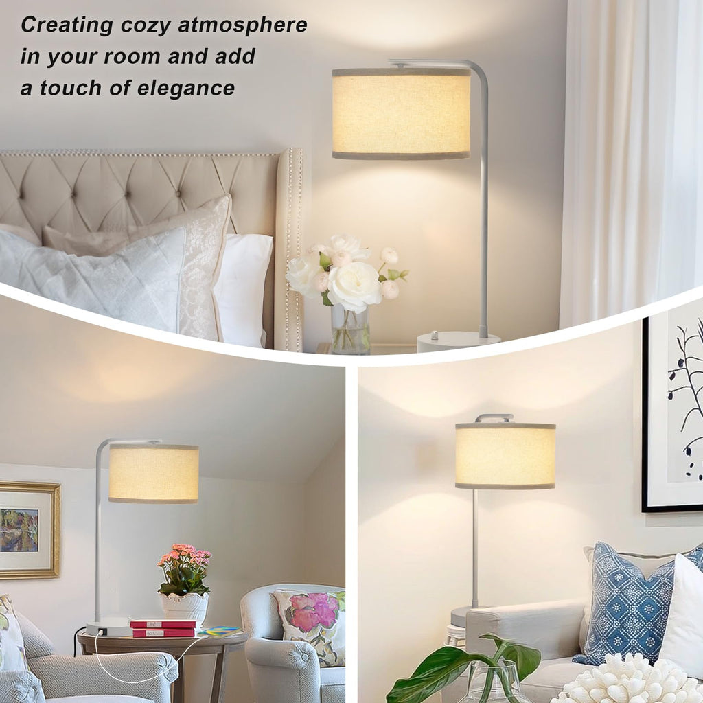 Table Lamps Set of 2, Fully Dimmable Bedside Lamp with USB C+A Charging Ports, Modern Nightstand Lamps with Linen Fabric Shades, Tall Desk Lamp for Bedroom, Living Room, Office, LED Bulb Included
