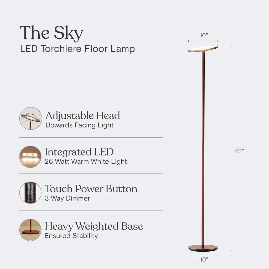 Brightech Sky LED Floor lamp, Torchiere Super Bright Floor Lamp for Living Room Decor & Office - Dimmable, Tall Standing Lamp with Warm Light for Bedroom & Reading - Bronze