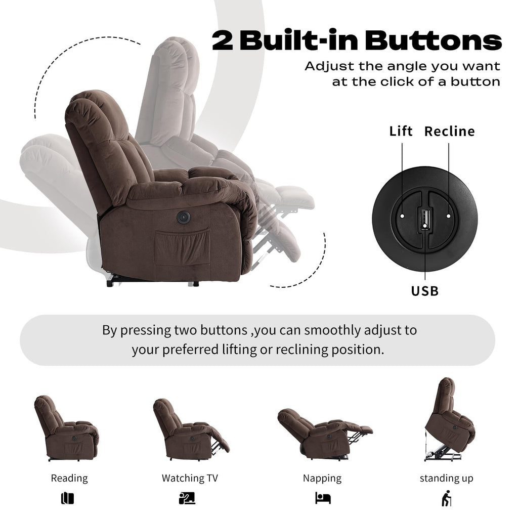 CANMOV Dual Motor Power Lift Recliner Chair for Elderly, 27" Extra-Wide Seat 450 lbs Weight Capacity Infinite Position Adjustment, with Heated Massage, Cup Holders and USB Port, Camel Fabric
