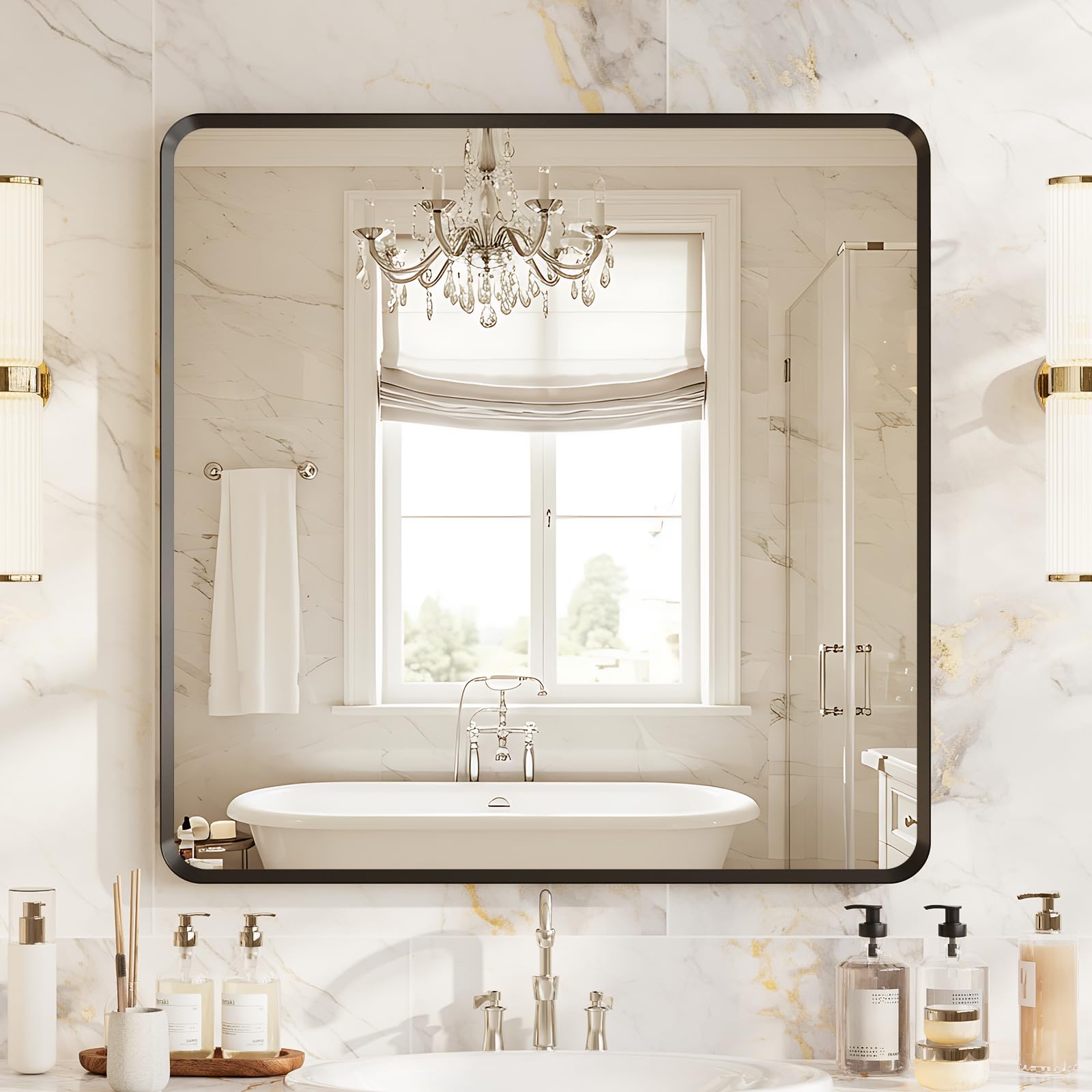 22x30 inch Gold Bathroom Mirror,Rounded Rectangle Gold Metal Framed, HD Tempered Glass, Horizontal or Vertical Hanging, Modern Bathroom Decor