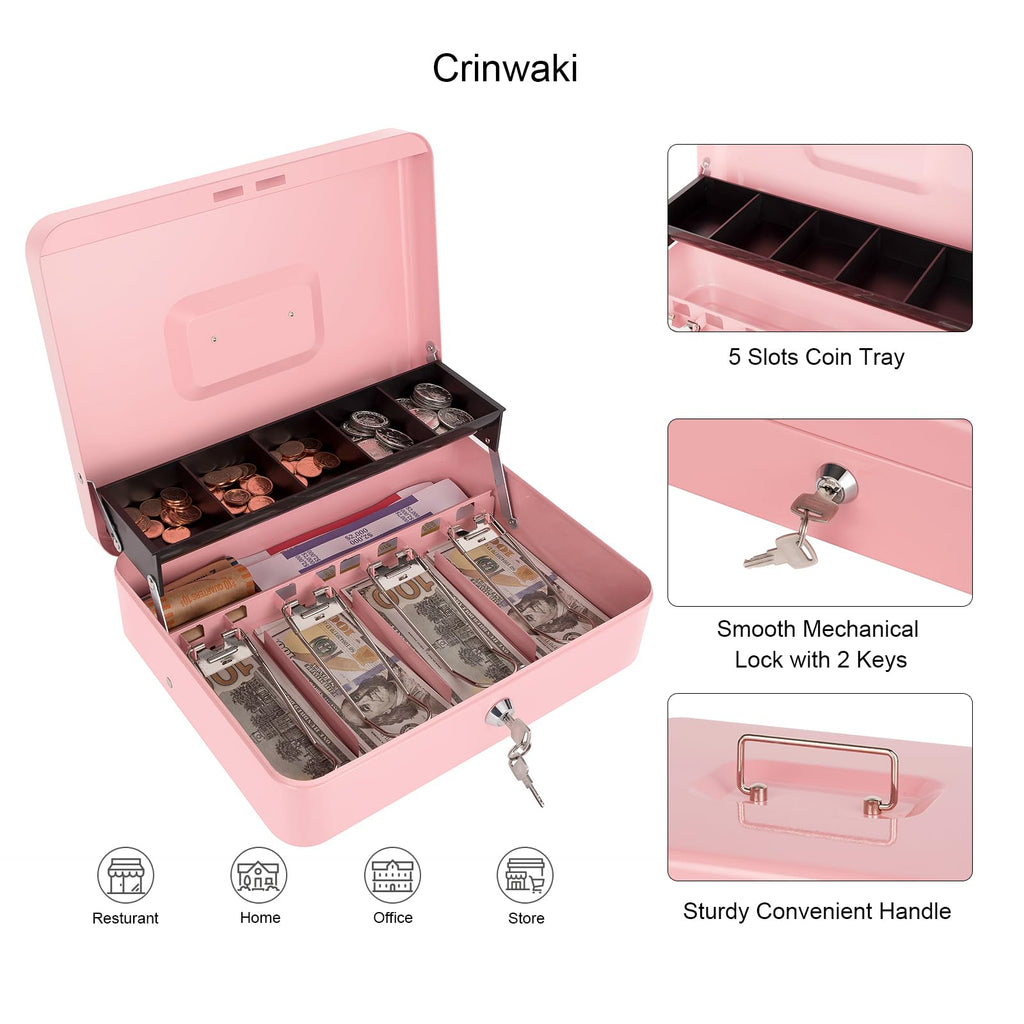 Cash Box with Money Tray and Key Lock, Saving Lock Box with Money Tray Storage for Cash Register 11.8"x9.45"x3.54" Black XL Large