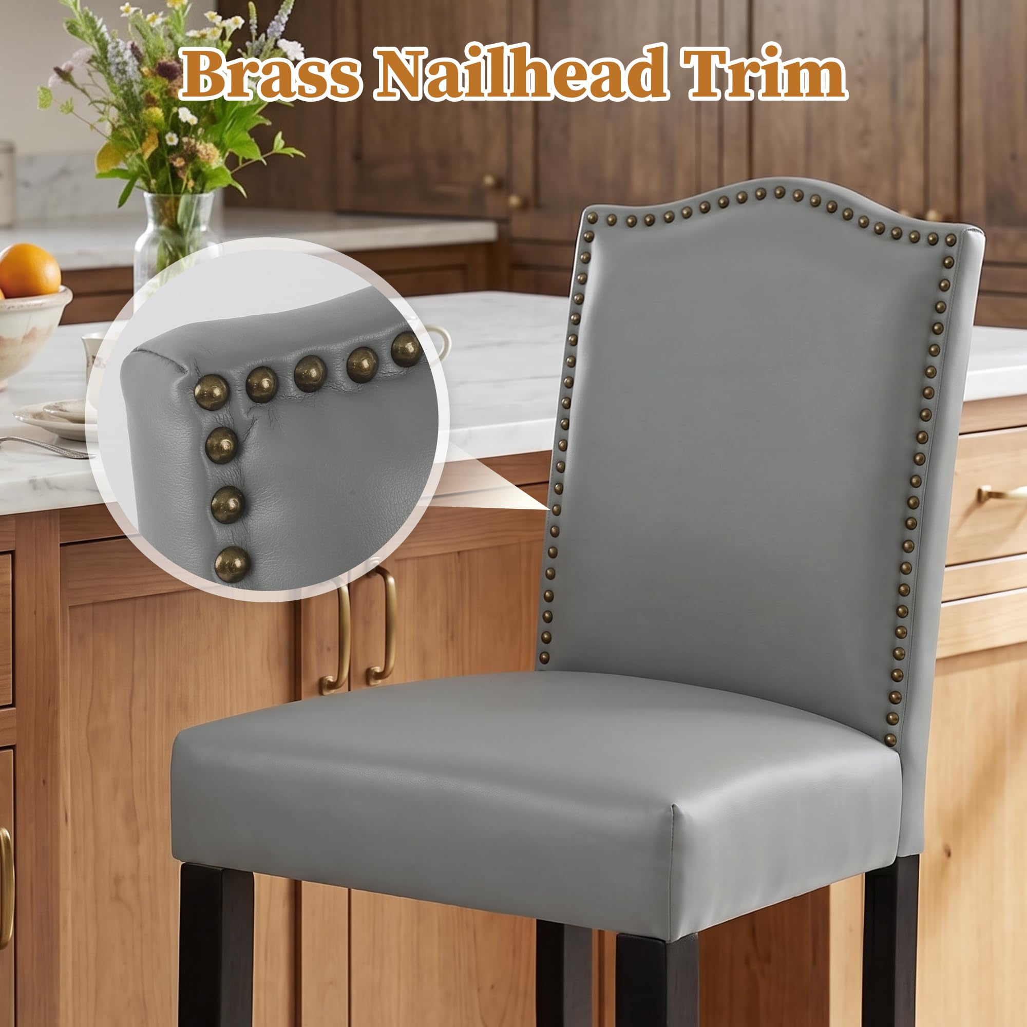 LSSPAID Counter Height Bar Stools Set of 2, 24.8 Inch Modern Upholstered Fabric Barstools, Kitchen Island Chairs with Bronze Nail Backrest and Solid Wood Legs for Kitchen Pub Home Cafe, Beige