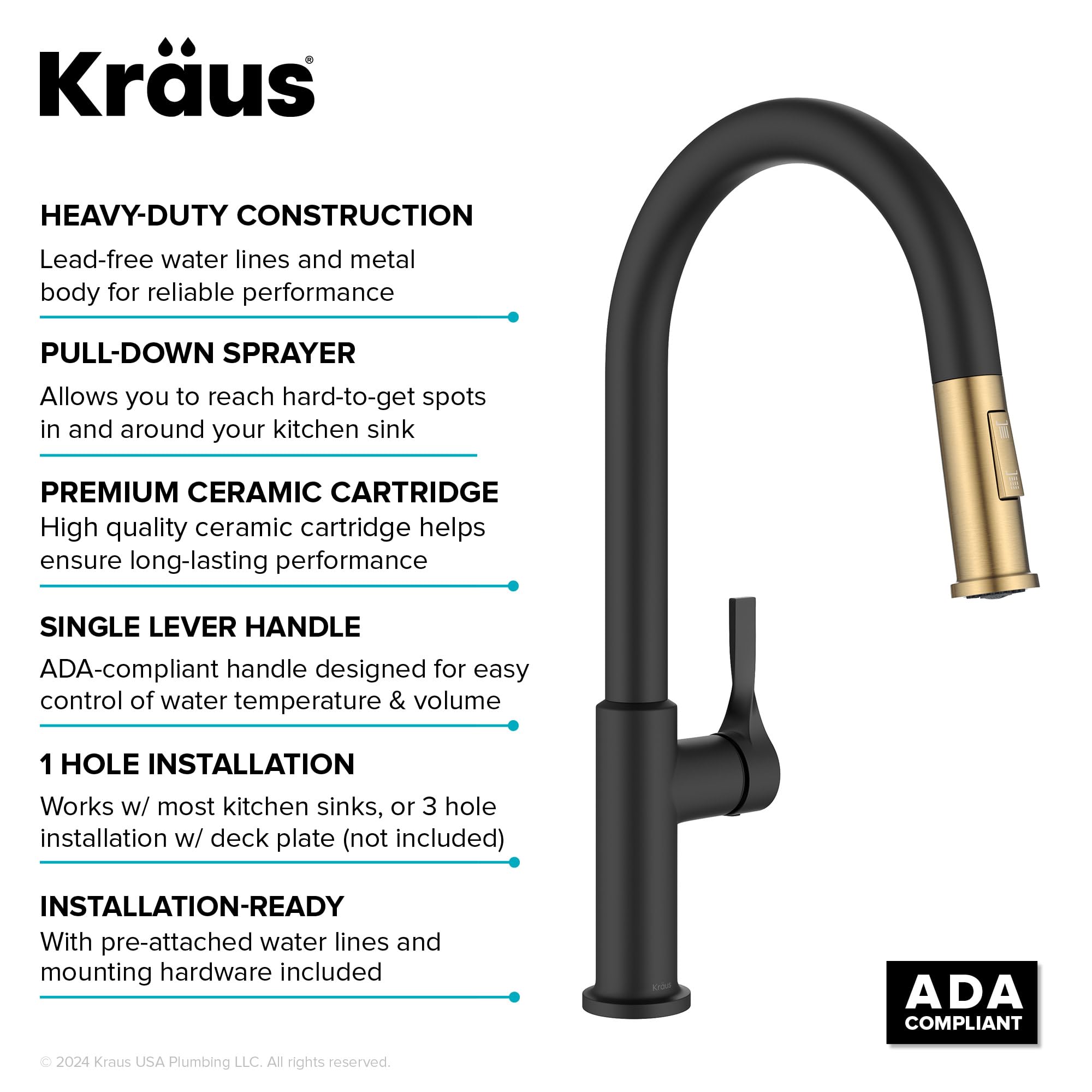KRAUS Torak Pull Down Kitchen Faucet in Matte Black with Commercial Style Spring Spout, 2 Function Sprayer, Pre-Attached Water Lines, and Mounting Hardware, KPF-2635MB