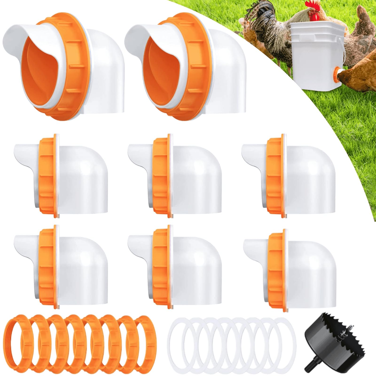 Chicken Feeder Port, 6 Pack Chicken Feeders No Waste with 6 Lids 1 Drill Bit, DIY Automatic Poultry Feeder Cups Kit, Chicken Bucket Feeder for Barrels (White)