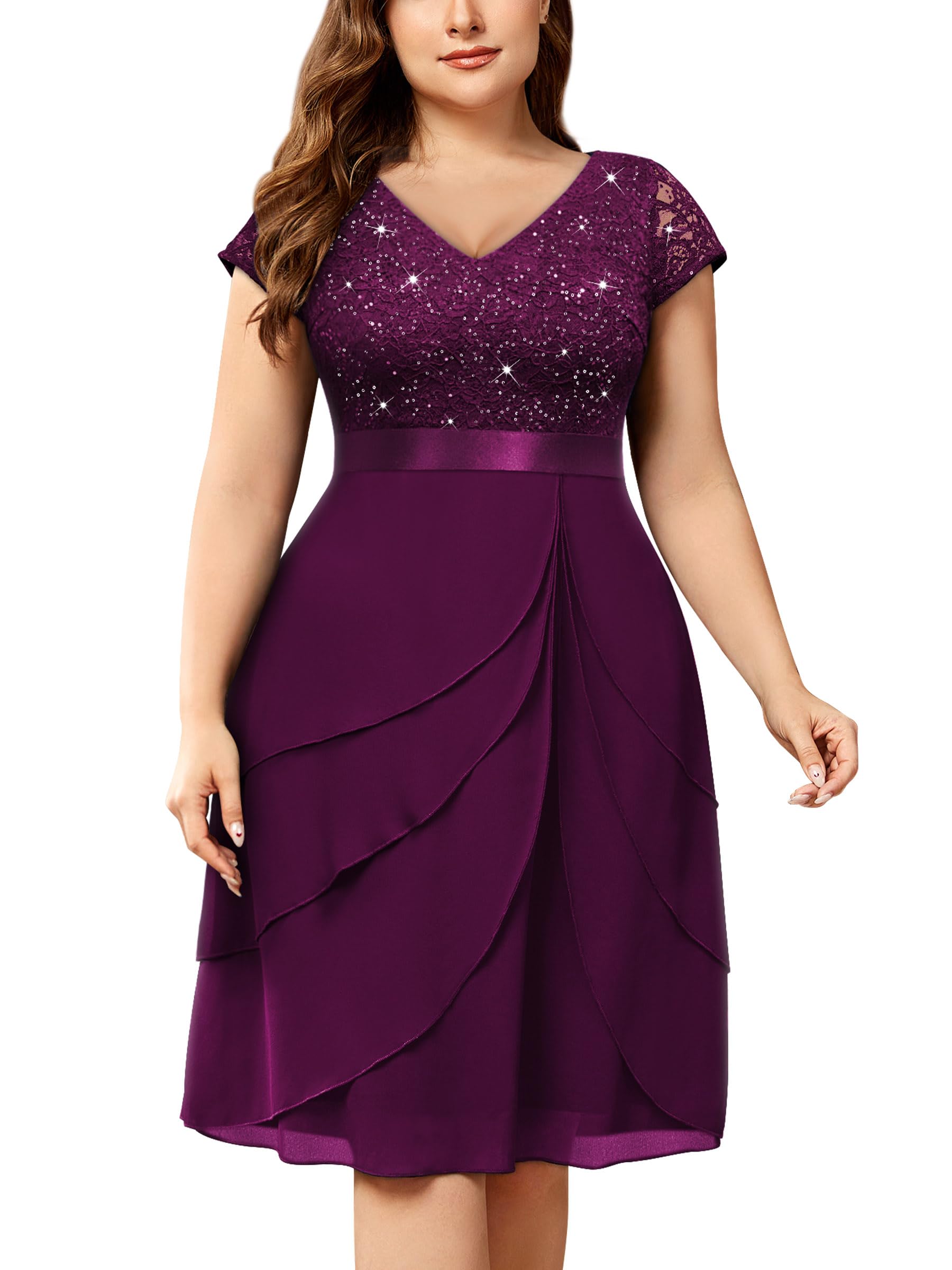 Miusol Women's Plus Size Sequin Lace V Neck Ruffle Tiered Chiffon Cocktail Party Dress