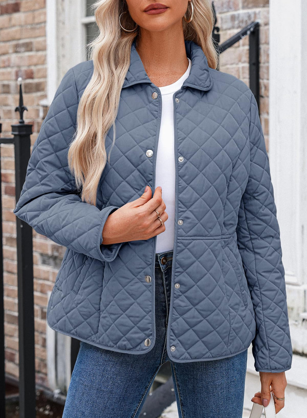 Dokotoo Women's Winter Quilted Jackets Long Sleeve Button Down Diamond Puffer Jacket Outerwear Coats with Pockets