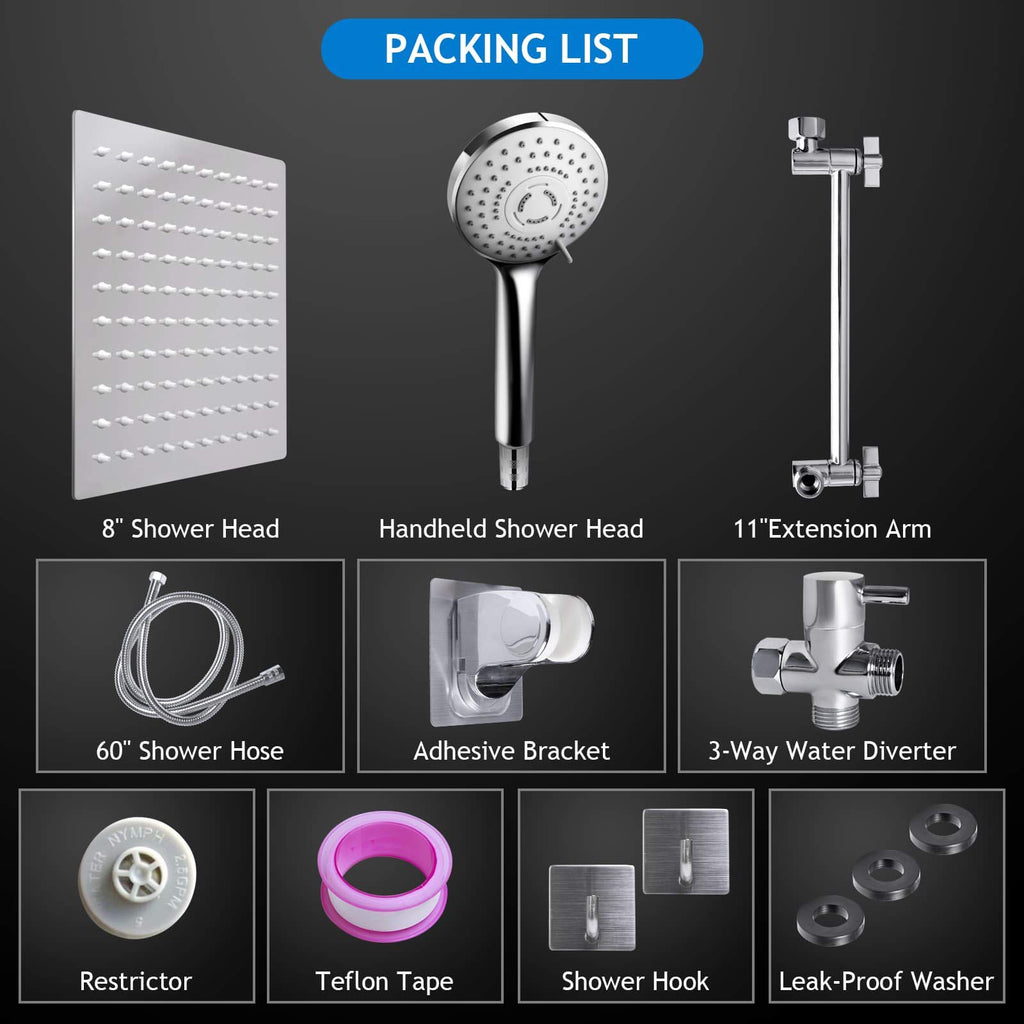 Shower Head Combo(Brushed Nickel),8 Inch High Pressure Rain Shower Head with 11 Inch Adjustable Extension Arm and 5 Settings Handheld Shower Head Combo,Powerful Shower Spray Against Low Pressure Water