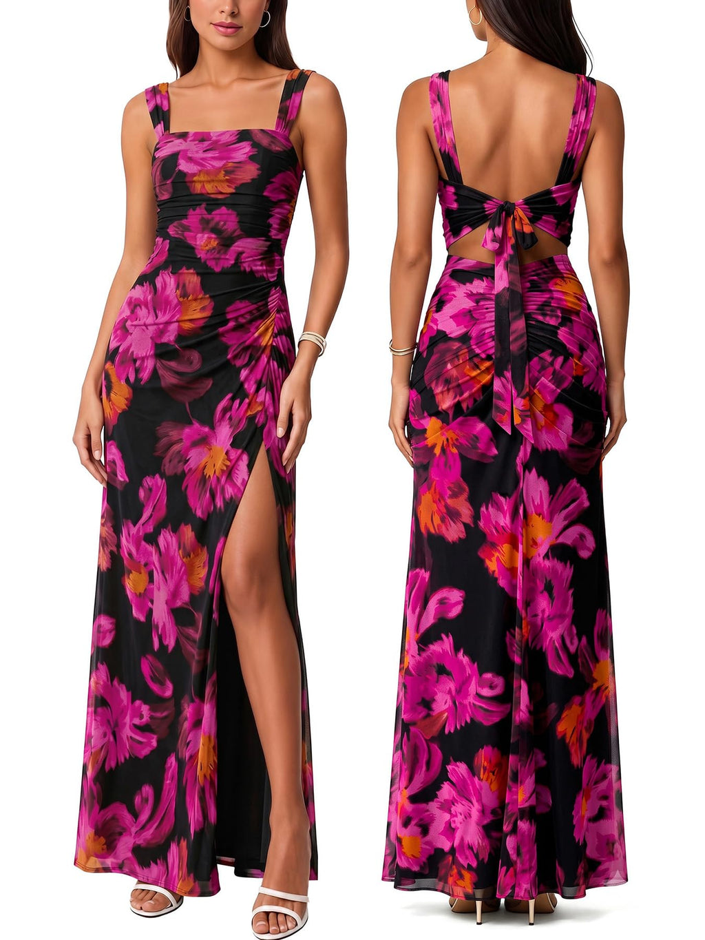 Women Sexy Mesh Tie Low Back Sleeveless Split Ruched Maxi Dress Party Cocktail Long Dress Wedding Guest Dresses