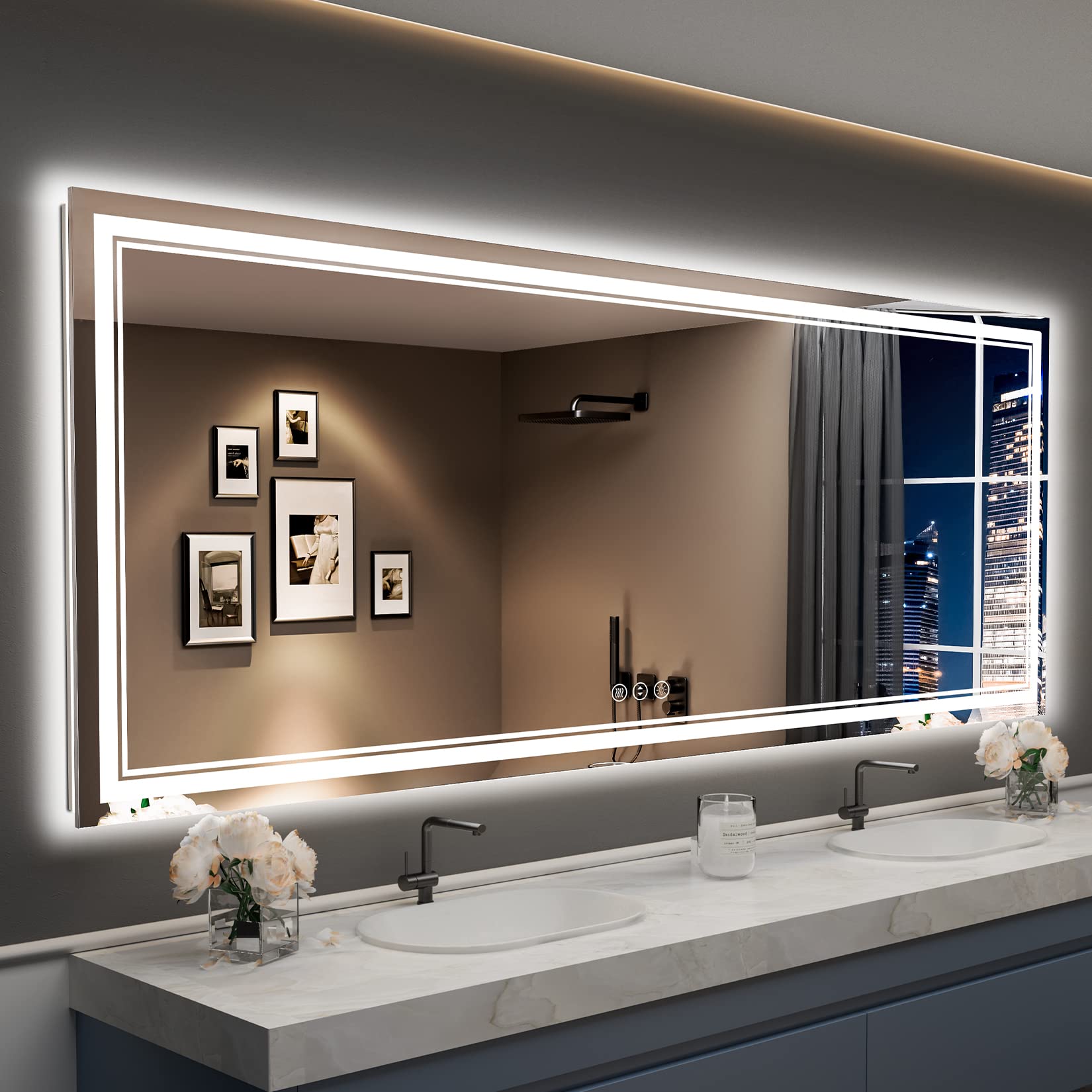 24x32 Black Framed LED Bathroom Mirror with Lights, Backlit and Front Lit Anti-Fog Lighted Vanity Mirrors for Bathroom Wall, Dimmable, 3 Colors, Memory, HD Tempered Glass, Horizontal/Vertical