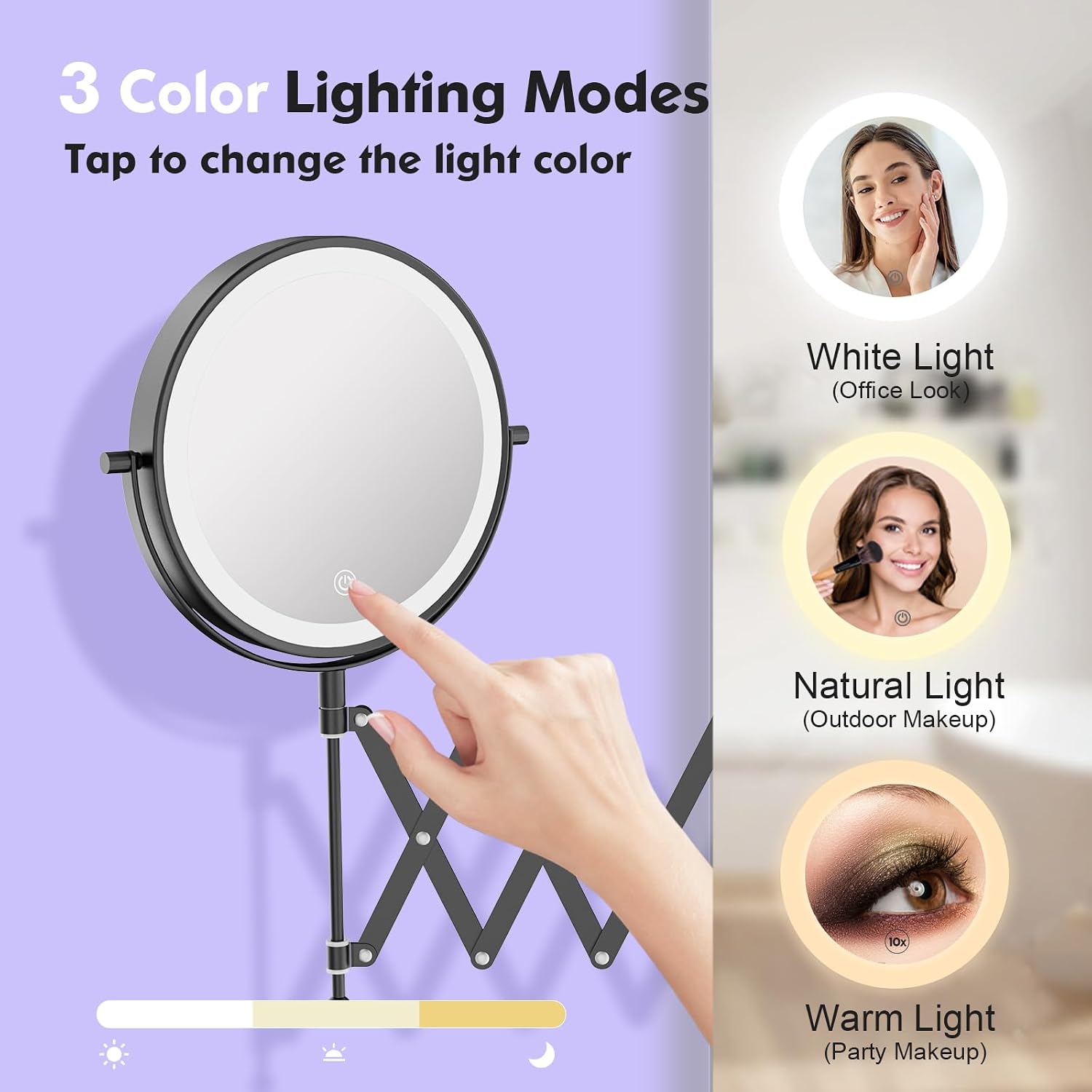 FUNTOUCH Rechargeable Cosmetic Mirror with 1X/30X Magnification, 4000 mAh, 3 Colours Lighting, Extended Arm Makeup Mirror, 360° Rotatable Wall Mirror for Bathroom and Hotel (Black)
