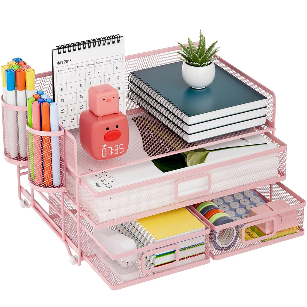Marbrasse 3 Tier Mesh Desk Organizer with Drawer, Multi-Functional Desk Organizers and Accessories, Paper Letter Organizer with 2 Pen Holder for Home Office Supplies (Black)