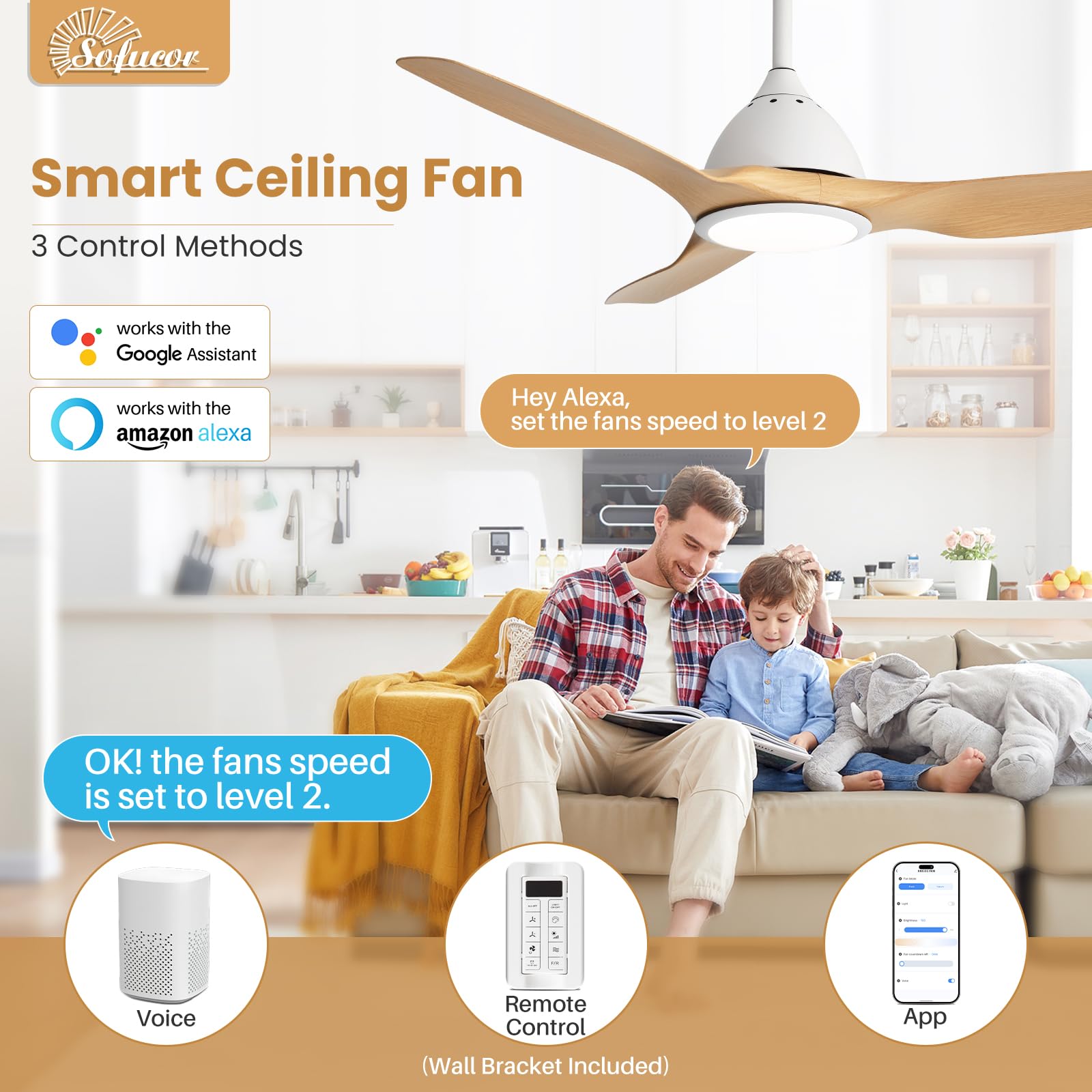 Sofucor 52 Inch Outdoor Ceiling Fans with Lights, Modern Ceiling Fan with 3 Plastic Blade, Quiet, Dimmable, High 7000CFM 6-Speed 3-Timer Reversible DC Motor, for Bedroom Living Room, ETL, Black