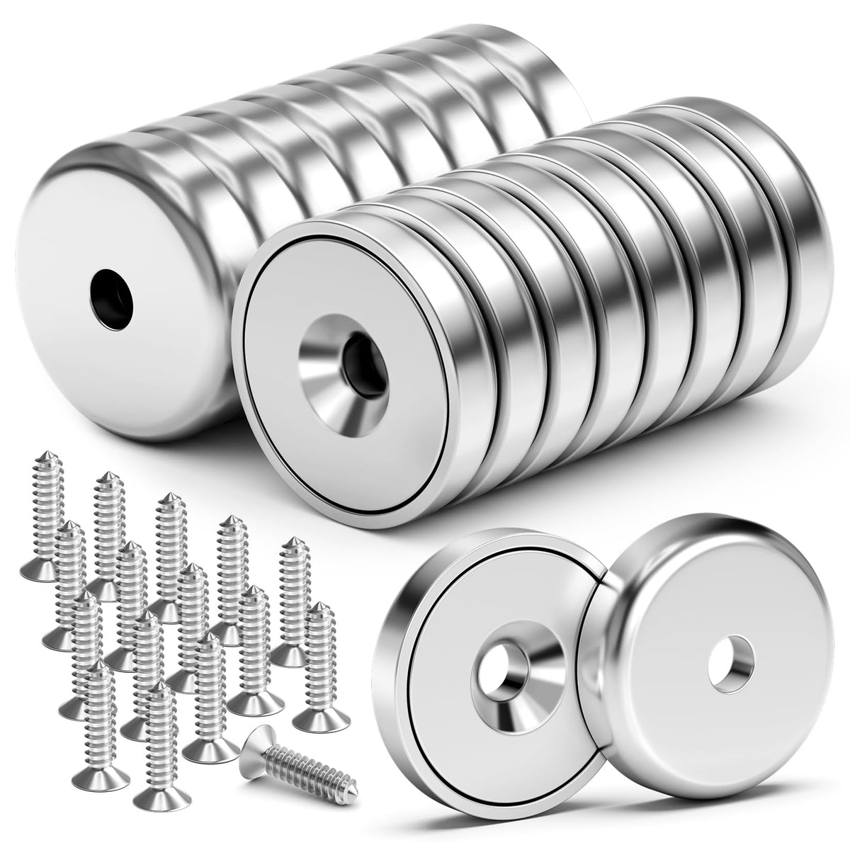 VNDUEEY Magnets with Holes, Strong Rare Earth Magnets, 8 Pack 40LBS Neodymium Cup Magnet with Stainless Screws for Wall Mounting, Round Base Disc Magnet for Kitchen, Office, Workplace, DIY Craft