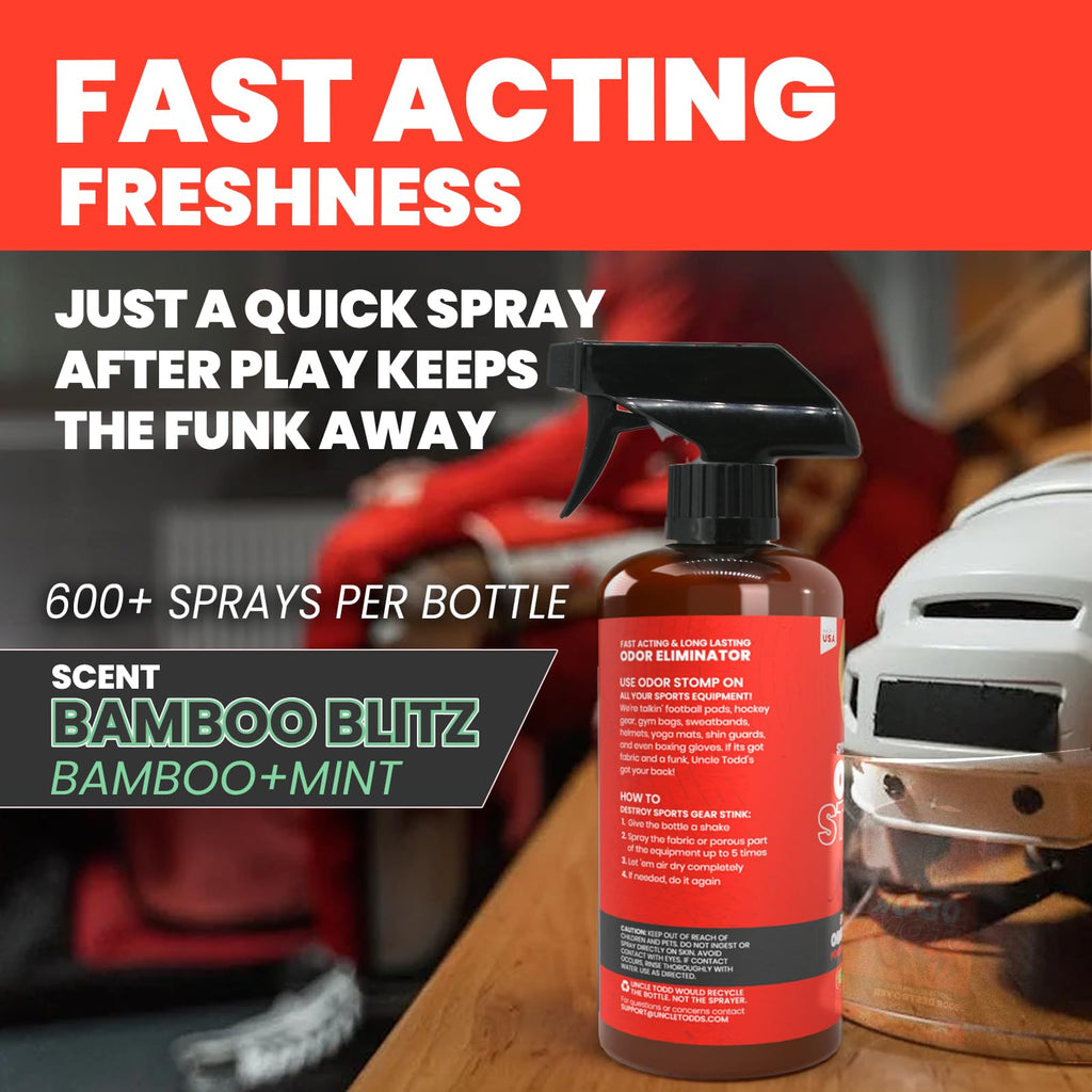 Uncle Todd’s Odor Stomp Sports Equipment Odor Eliminator Spray - Extra Strength Enzyme-Powered Deodorizer for Football, Hockey, Gym Bags, and Athletic Gear - Bamboo Blitz Scent - 16 oz