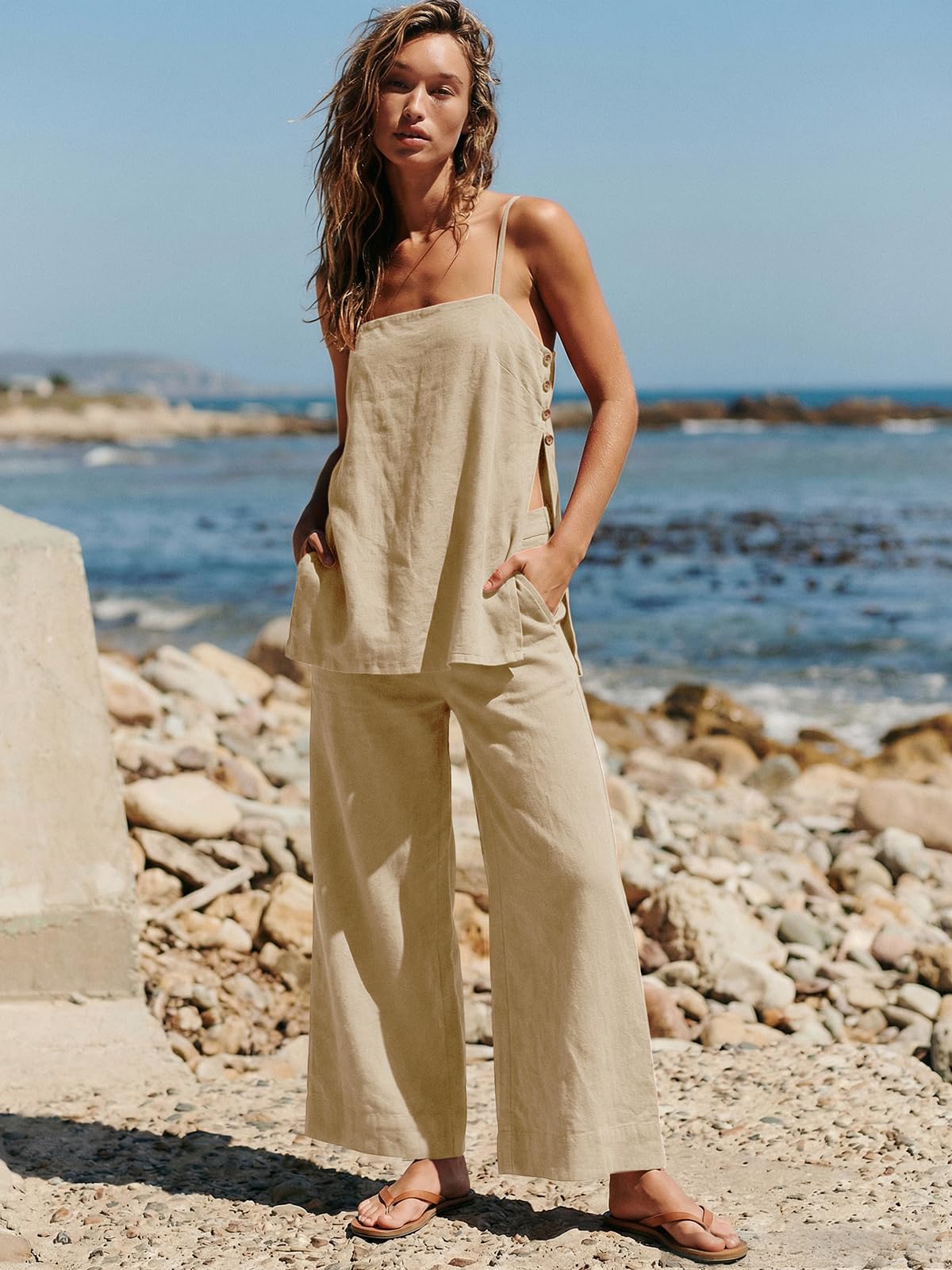 Dokuritu Linen Sets for Women 2 Piece Summer Spaghetti Strap Top Wide Leg Pant Set Beach Vacation Travel Outfits with Pockets