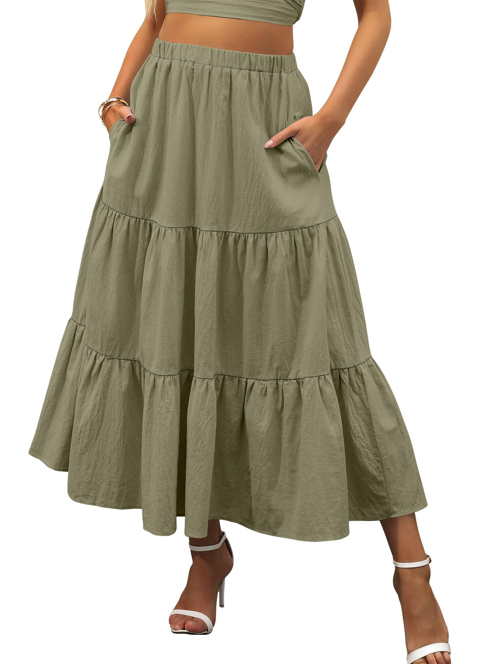 ANRABESS Women’s Summer Boho Flowy Swing Tiered A-Line Maxi Skirt 2026 Fashion Trendy Elastic Waist Pleated Long Beach Dress