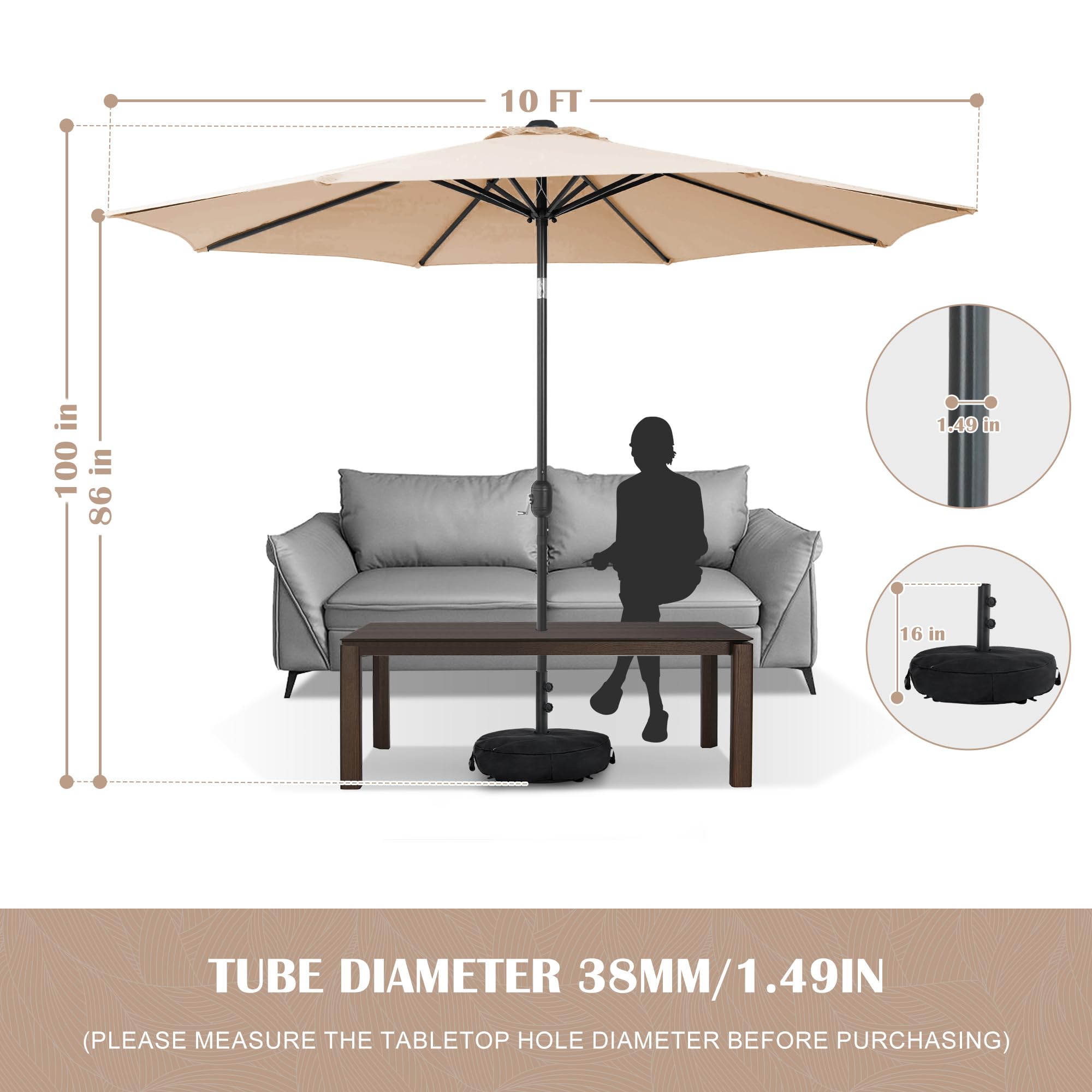 Sundale Outdoor 9FT Patio Umbrella with Sand Bag Umbrella Base, Outdoor Umbrella with Tilt and Crank, Beige