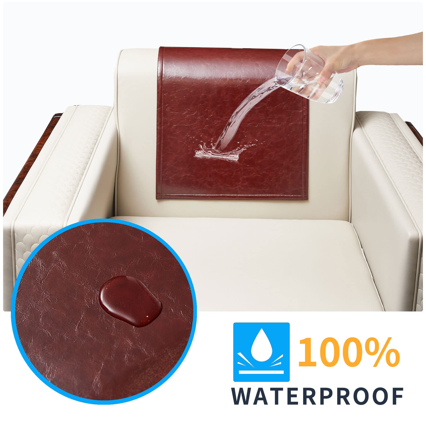 Non Slip Recliner Headrest Protector Washable Faux Leather Headrest Covers for Recliner Chair Waterproof Couch Head Rest Covers for Sofa,Furniture,Office Chair,Theater Seat (Beige)