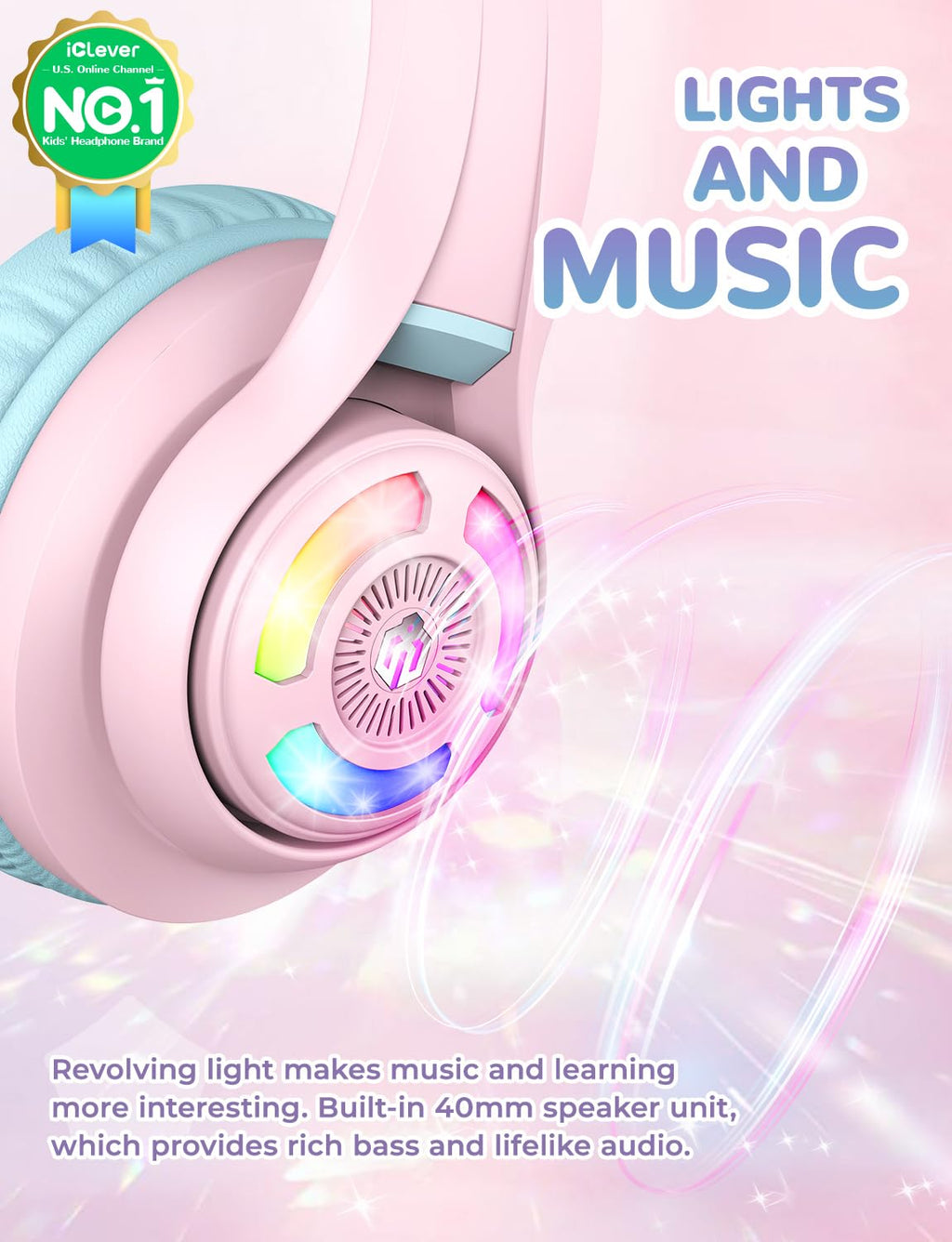 iClever Cat Ear Kids Bluetooth Headphones, LED Lights Up, 74/85dBA Safe Volume Limited, 50H Playtime,Bluetooth 5.2, USB C,Kids Headphones Wireless Over Ear for Travel iPad Tablet, Meow Macaron-Purple