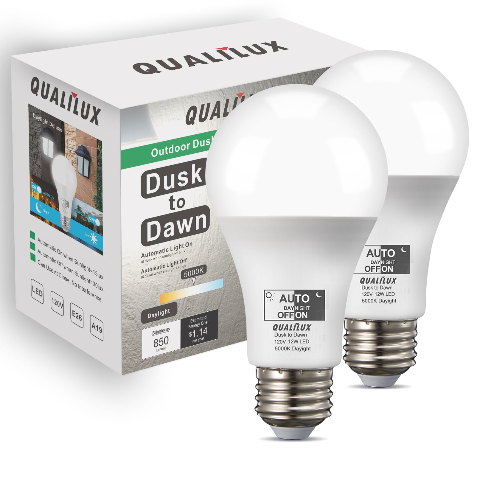 Qualilux Dusk to Dawn A19 LED Light Bulbs 850LM, 60W Equivalent, Daylight, Energy-Efficient 9.5W, A19, E26 Base, 2-Pack, HQ-H011