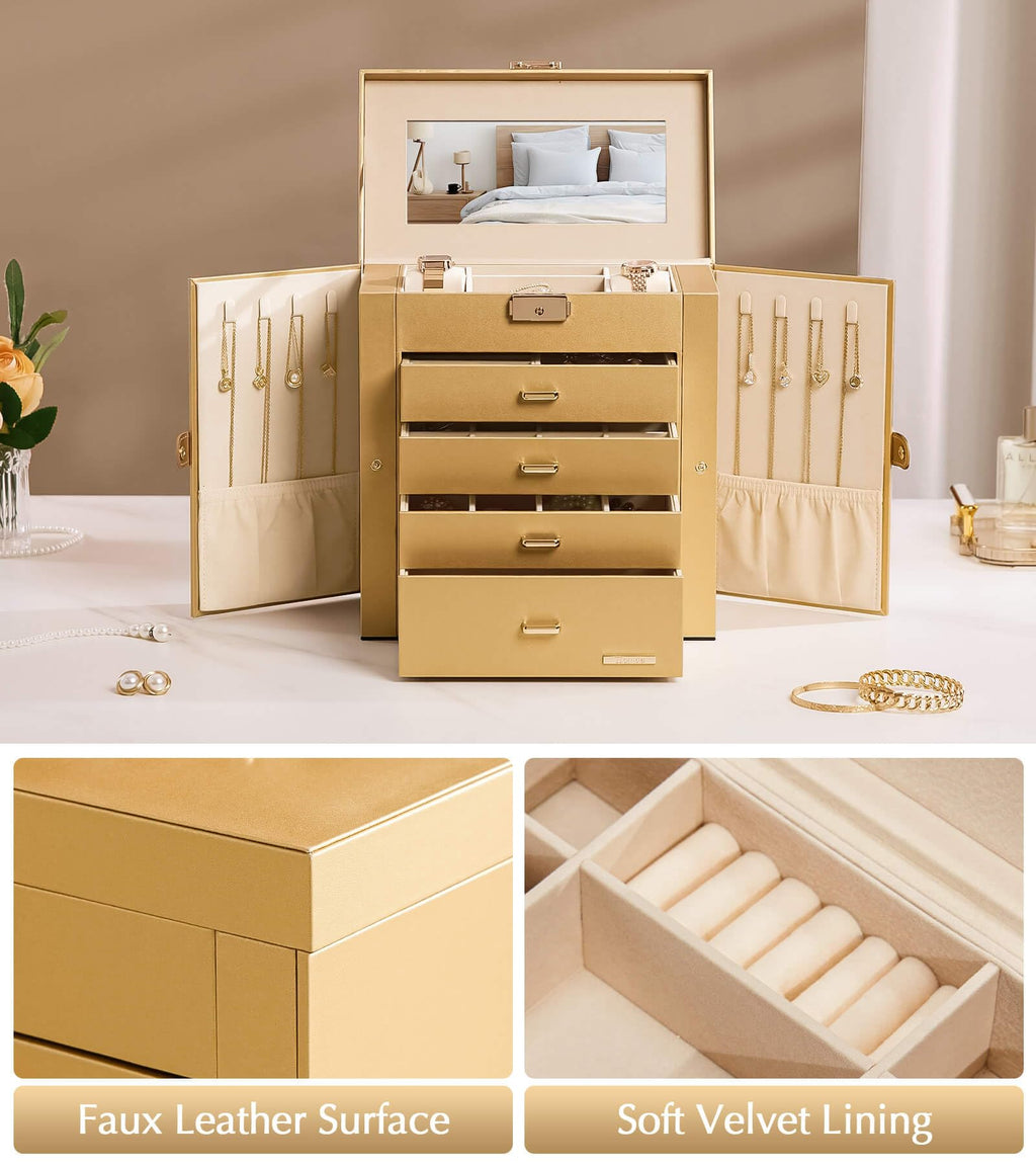 Homde Mothers Day Gifts Synthetic Leather Huge Jewelry Box Mirrored Watch Organizer Necklace Ring Earring Storage Lockable Gift Case (Black + Gold)
