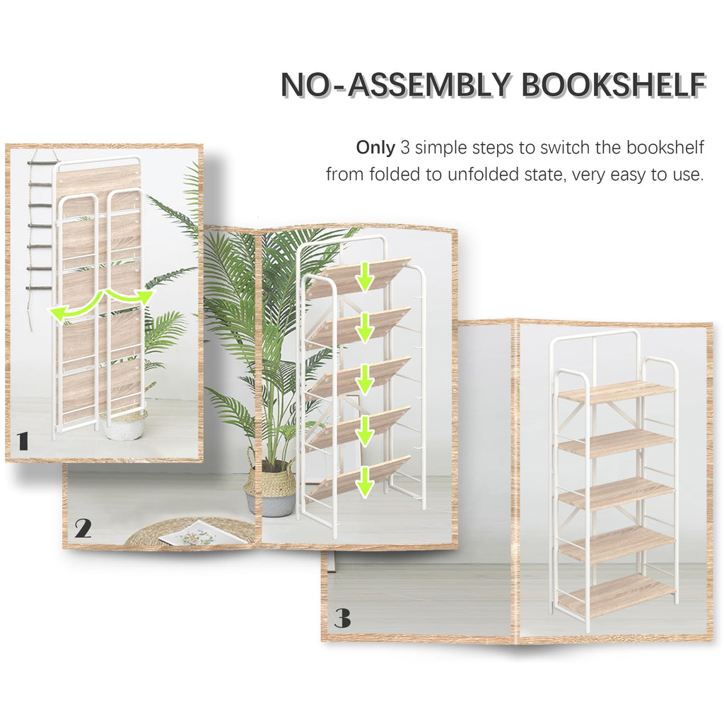 4NM No Assembly Folding Bookshelf, 3 Tiers Collapsible Book Shelves Open Industrial Foldable Storage Bookcase Shelf for Bedroom, Living Room, Home Office - Natural and White