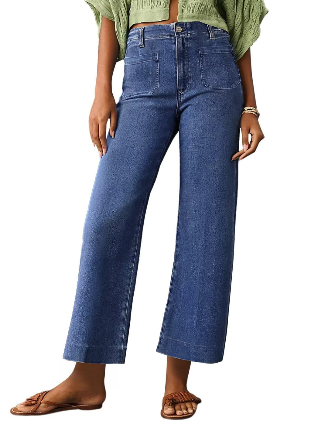 Allimy Women's High Waisted Cropped Wide Leg Jeans Stretchy Loose Denim Pants with Front Patch Pockets