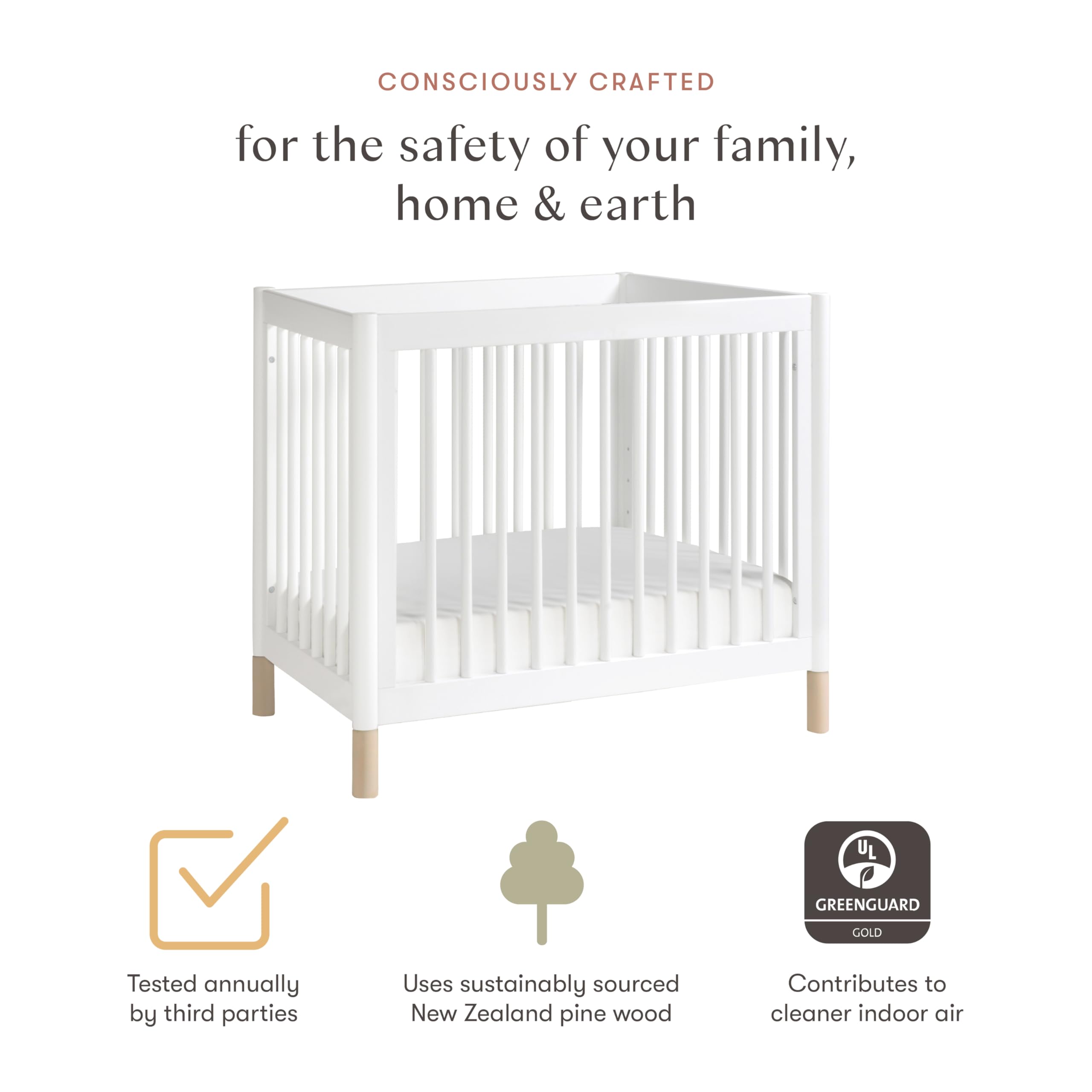Babyletto Gelato 4-in-1 Convertible Mini Crib with Toddler Bed Conversion in Honey with Vegan Tan Leather Feet, Greenguard Gold Certified