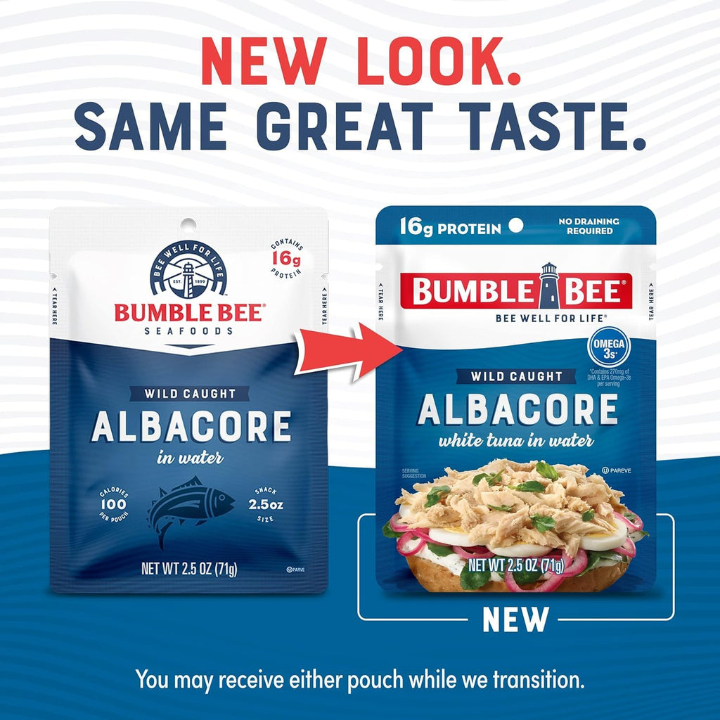 Bumble Bee Lemon & Garlic Seasoned White Albacore Tuna in Water, 2.5 oz Pouch - Wild Caught Tuna - 15g Protein per Serving, High in Omega-3s - Non-GMO, Gluten Free - No Draining Required