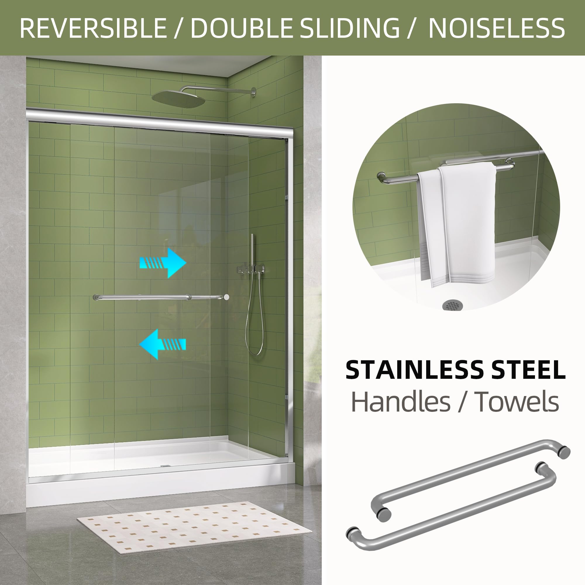 GETPRO Shower Door Sliding 44-48 in. W x 72 in. H Semi-Frameless Bypasss Double Sliding Doors for Shower,1/4 inch Clear Tempered Walk-in Shower Glass Door Brushed Nickel