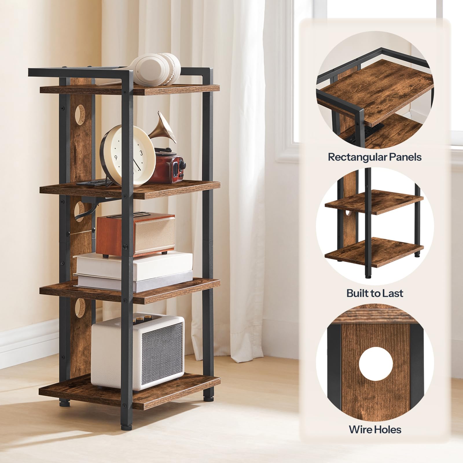 HOOBRO Game Console Shelf, 4-Tier Video Gaming Consoles Stand with Outlet & RGB Light, Audio Rack Tower for Turntable, Stereo Equipment, Wooden Entertainment Storage Stand, Black BB38UDCJ01