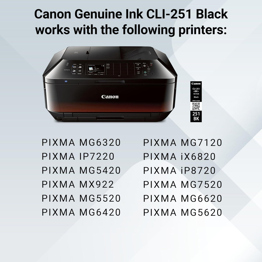 Canon CLI-251 Genuine Black Ink Tank, Compatible with MG6320, IP7220 & MG5420, MX922, MG5520, MG6420, MG7120, iX6820, iP8720, MG7520, MG6620, and MG5620 Printers