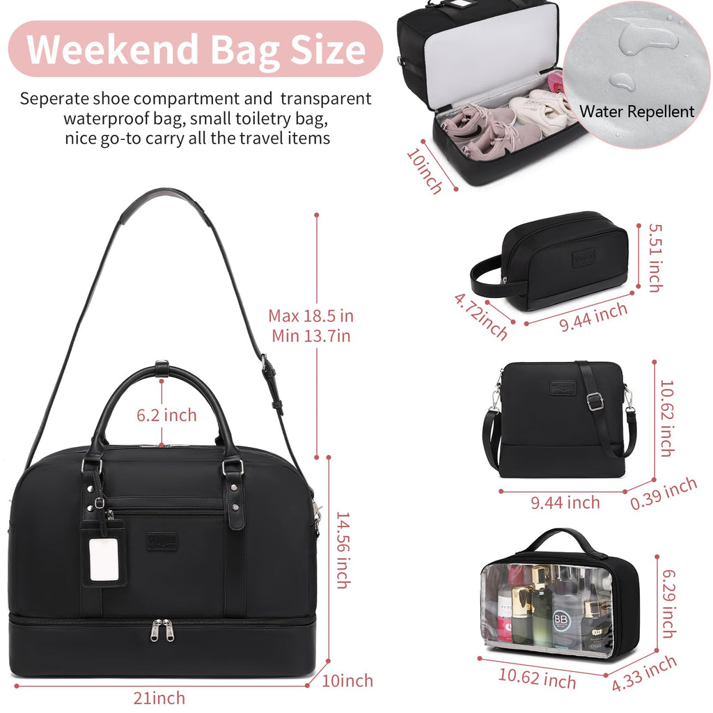 Wogarl 4PCS Weekender Bags for Women Large Overnight Weekend Travel Duffel Carry on Shoulder with Shoe Compartment Canvas Toiletry Bag for Travel Business Gym