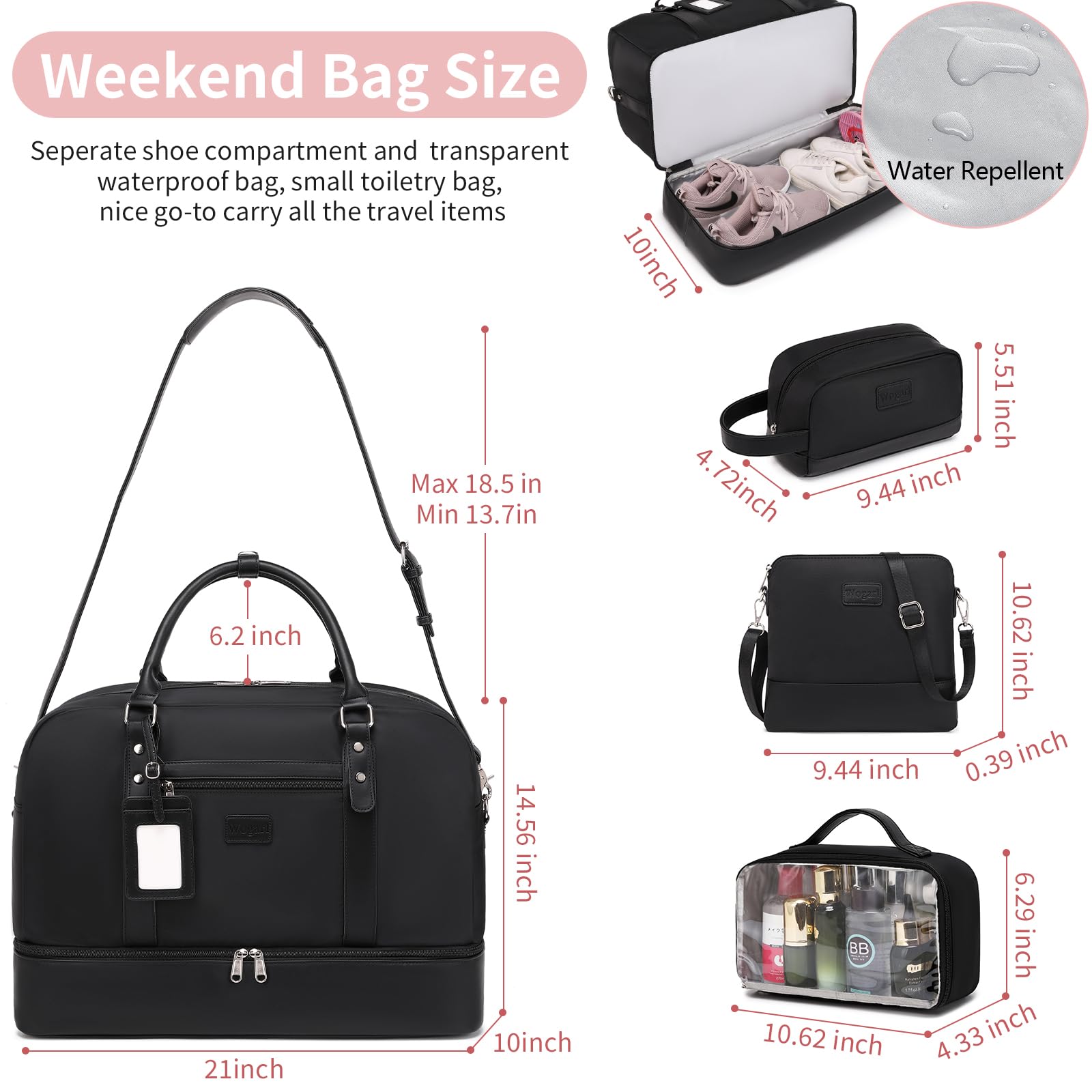 Wogarl 4PCS Weekender Bags for Women Large Overnight Weekend Travel Duffel Carry on Shoulder with Shoe Compartment Canvas Toiletry Bag for Travel Business Gym
