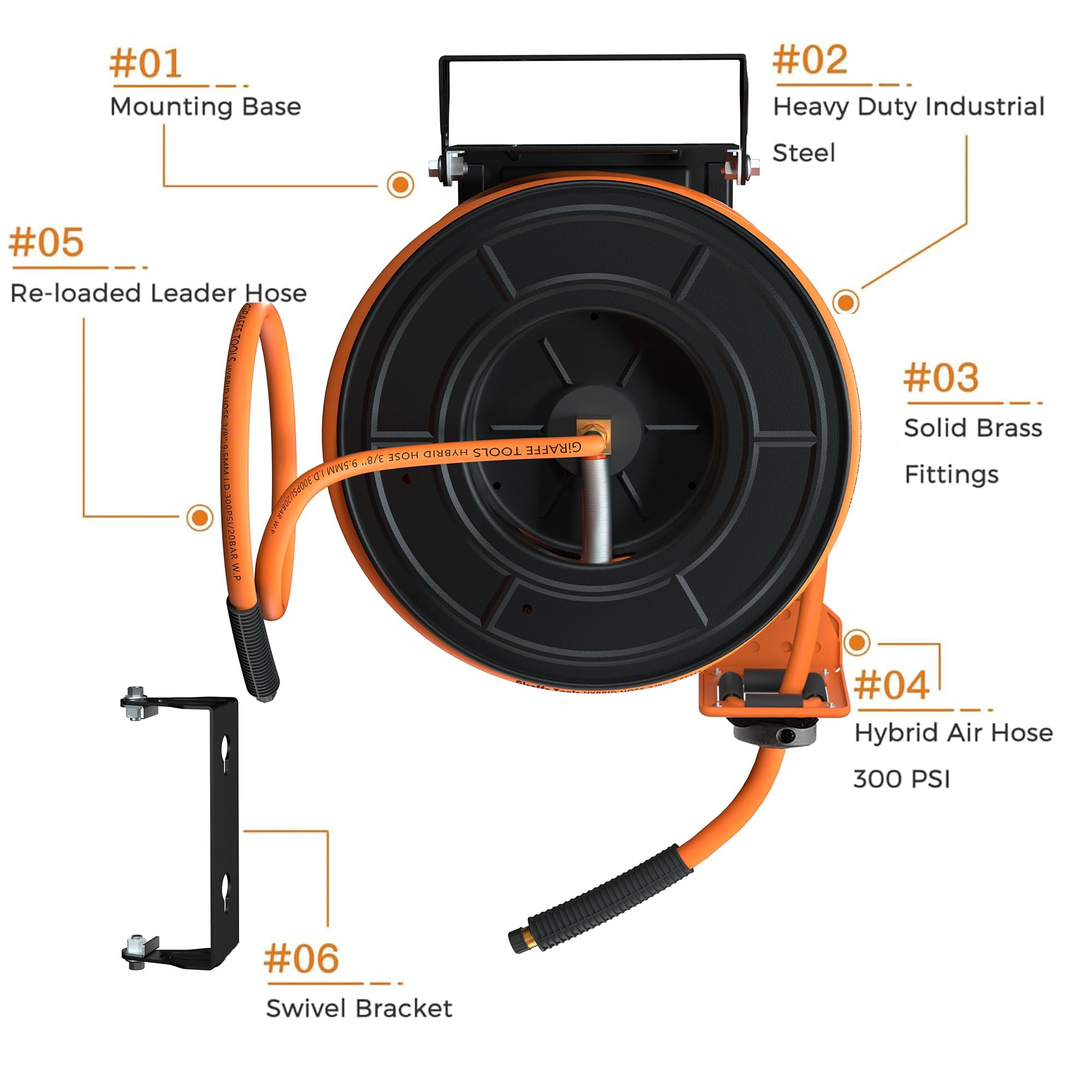 Giraffe Tools Retractable Air Hose Reel, 3/8" Hybrid Hose, Air Compressor Heavy Duty Steel Reel Auto Rewind 300PSI, Wall Mount, 25ft