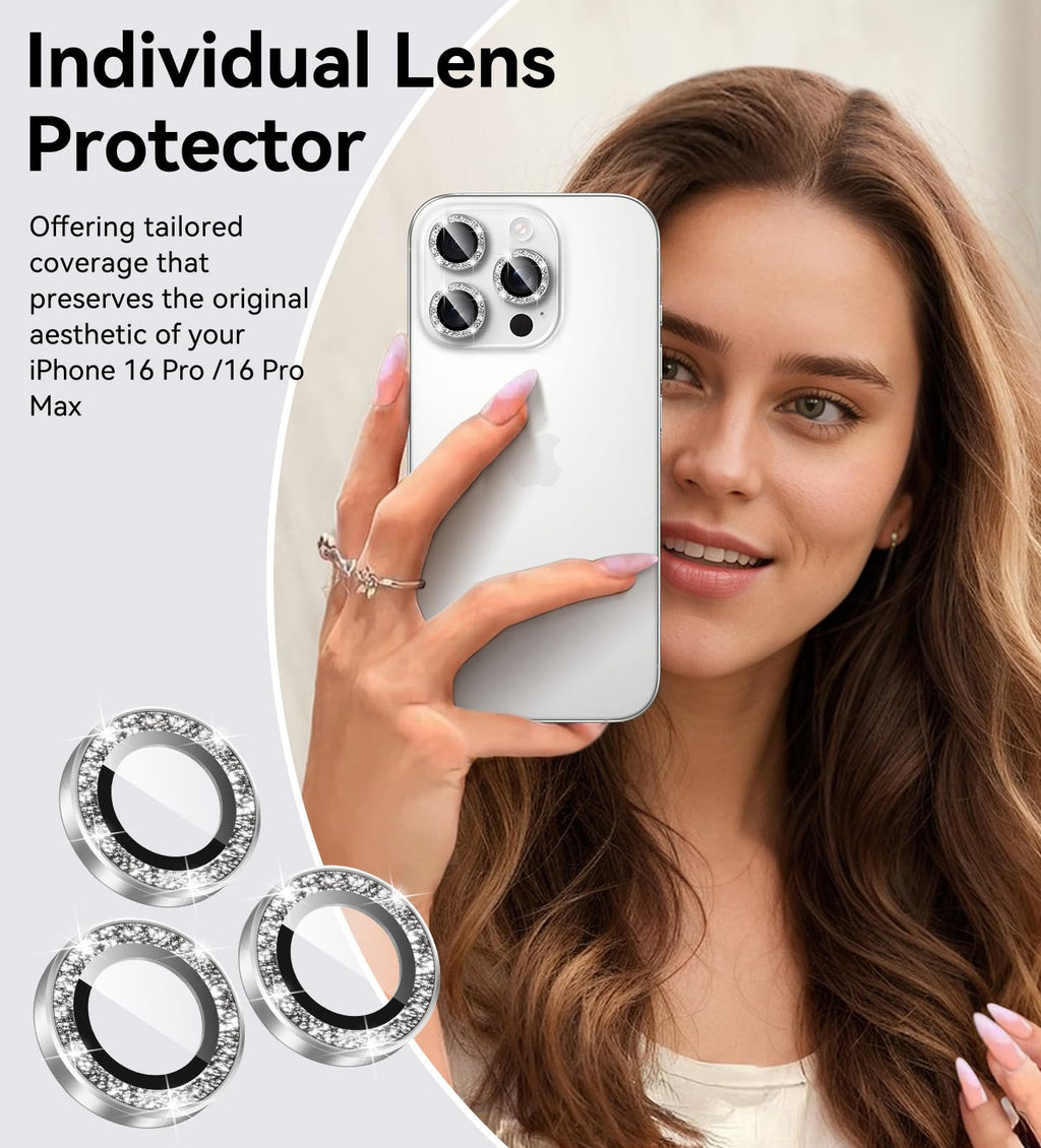 Matekxy Glitter Camera-Lens Protector for iPhone-16 Pro-Max - 16 Pro Anti-Scratch Tempered Glass with Aluminum Edging, Cute Girly Metal Individual Bling Ring Cover for Women, Black Titanium