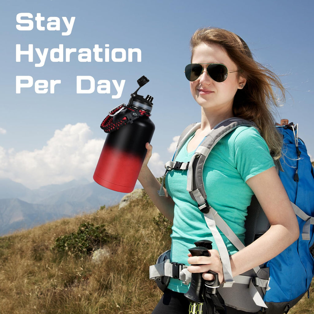 GAZLEMHO 40 oz Insulated Water Bottle with Straw& Spout 2-in-1 Lid, Triple Wall Vacuum Stainless Steel Cold 48H, Leak Proof Sports Metal Flask Jug with Paracord Handle, Black