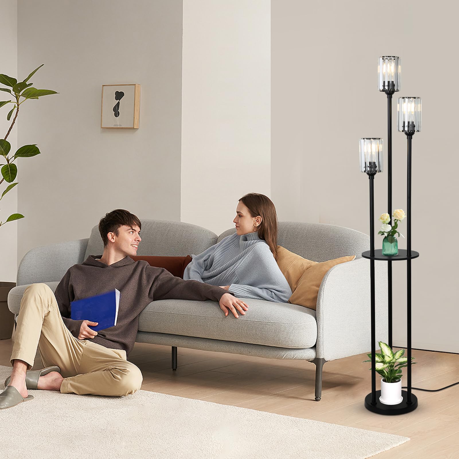 HMVPL Gold Floor Lamps for Living Room, Modern Floor Lamp with Shelves, Crystal Standing Lamps with Table, Brass Tall Lamp with Crystal Shade, On/Off Switch, Mid Century Corner Floor Lamp for Bedroom
